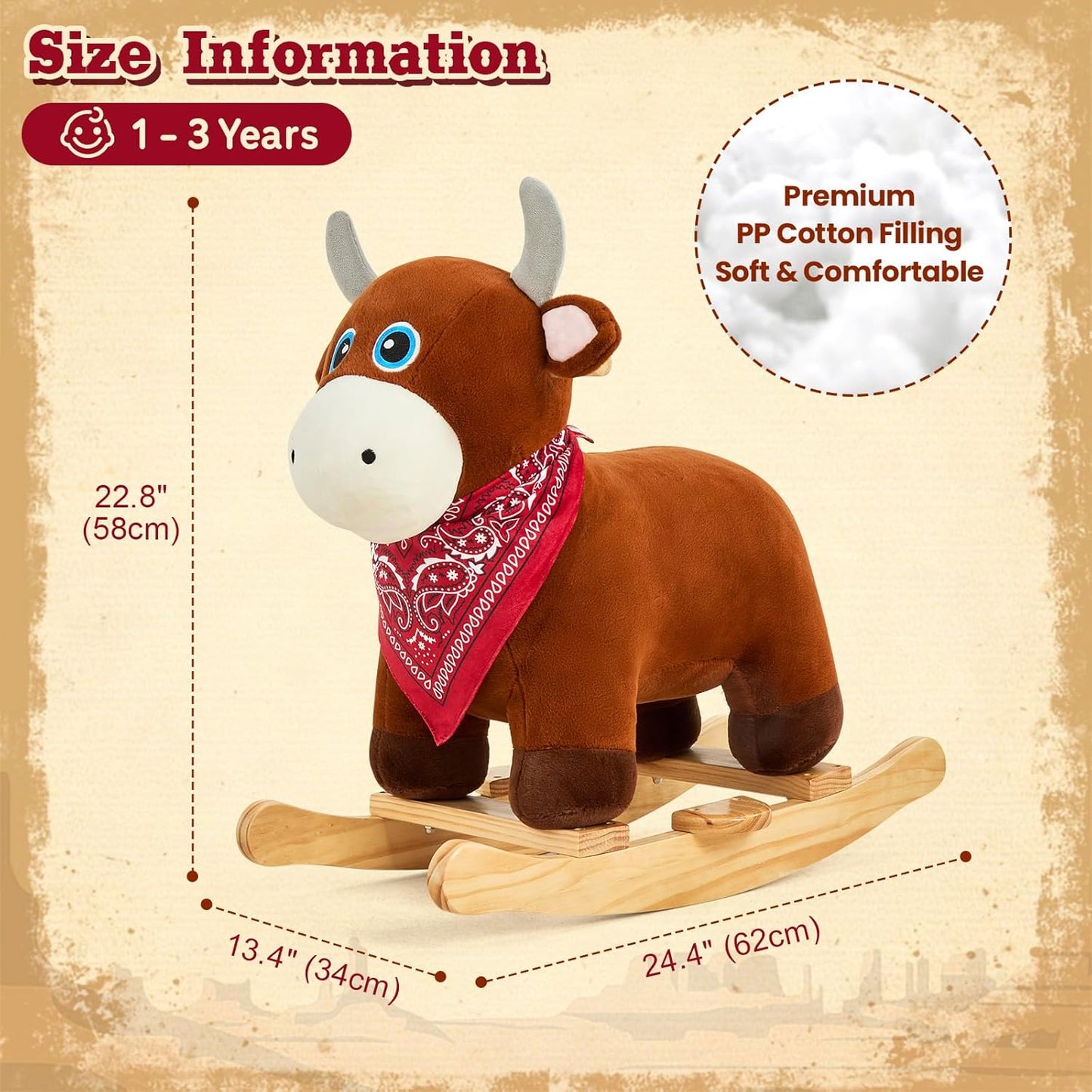 FUNLIO Bull Rocking Horse Ages 1-3, Wild Baby Rocking Horse with Cuddly Head & Bright Sparkling Eyes, Stuffed Plush Ride-on Baby Rocker, Easy to Assemble, CPC & CE Certified