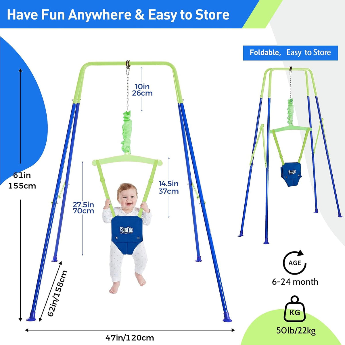 FUNLIO Baby Jumper with Stand for 6-24 Months, Infant Jumper for Indoor/Outdoor Play-Bluegreen