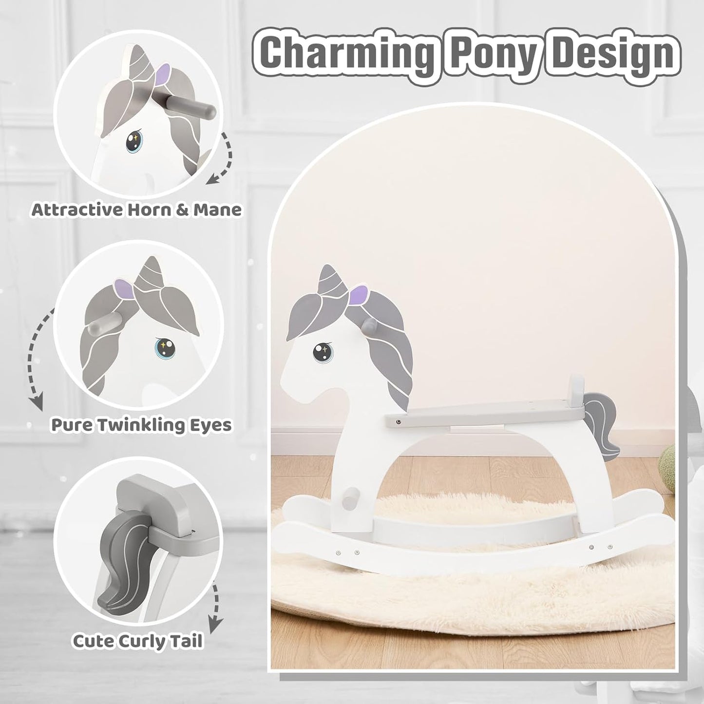 FUNLIO Pony Wooden Rocking Horse Ages 1-3, Charming Baby Rocking Horse with Long Seat & Backrest, Easy to Assemble Toddler Ride on Toys, CPC & CE Certified - Gray