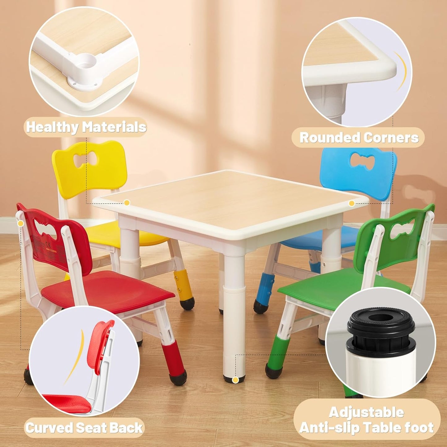 FUNLIO Kids Table and 4 Chairs Set for Ages 3-8, Height Adjustable Toddler Table and Chair Set, Easy to Wipe Arts & Crafts Table, for Classrooms/Homes/Daycares, CPC & CE Approved(5 pcs set)-Multicolor