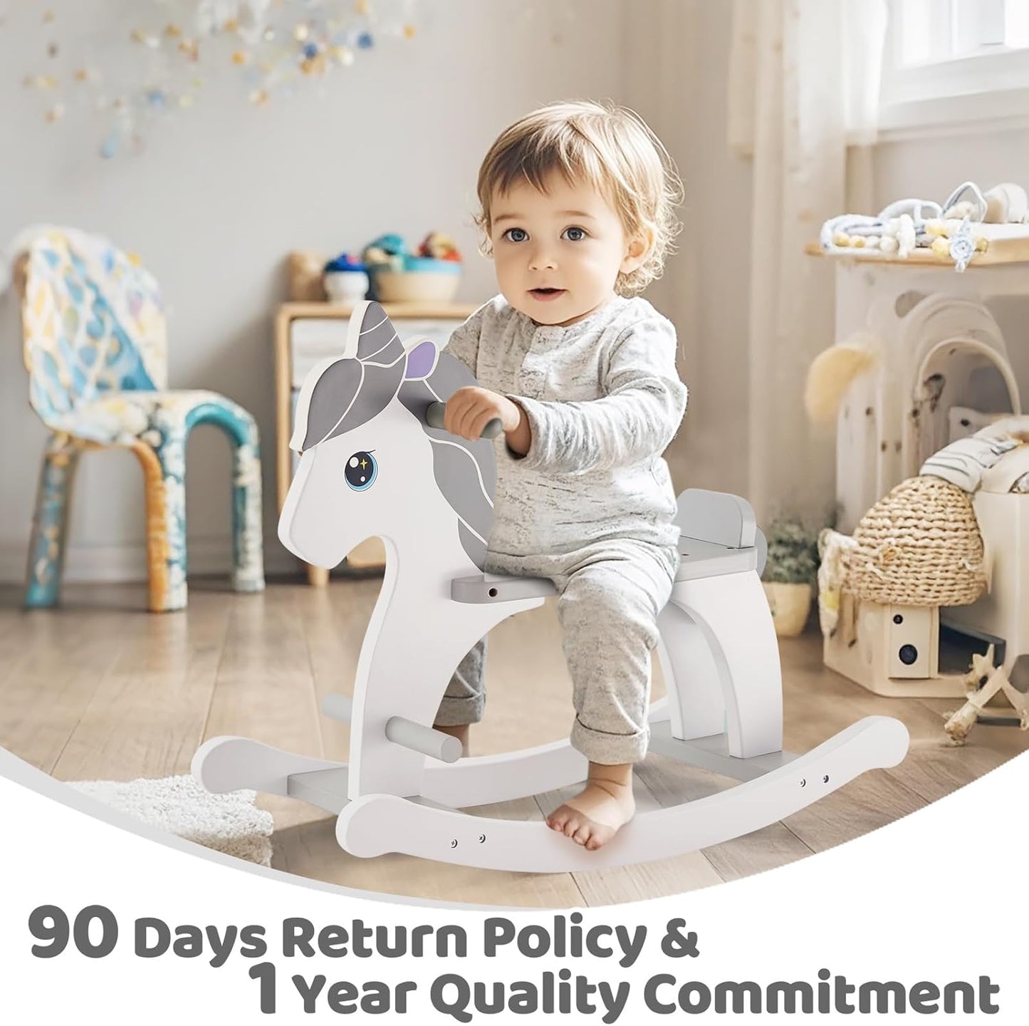 FUNLIO Pony Wooden Rocking Horse Ages 1-3, Charming Baby Rocking Horse with Long Seat & Backrest, Easy to Assemble Toddler Ride on Toys, CPC & CE Certified - Gray