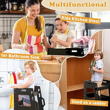 FUNLIO Toddler Tower with Safety Net, Kids Kitchen Step Stool, 3-Level Height Adjustable Toddler Stool Helper, Montessori Child Standing Tower, Easy to Assemble, CPC Approved - Black