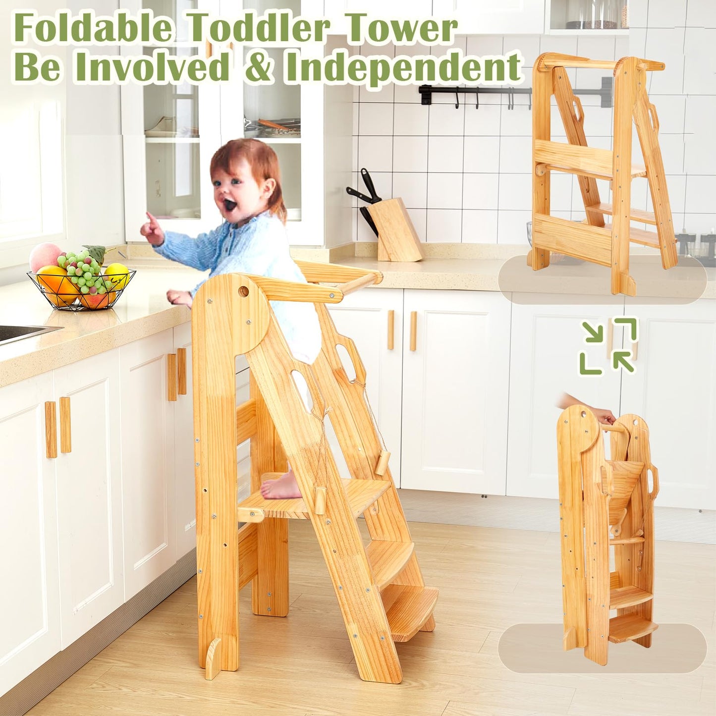 FUNLIO Foldable Kitchen Step Stool for Kids 2-6 Years, Nature