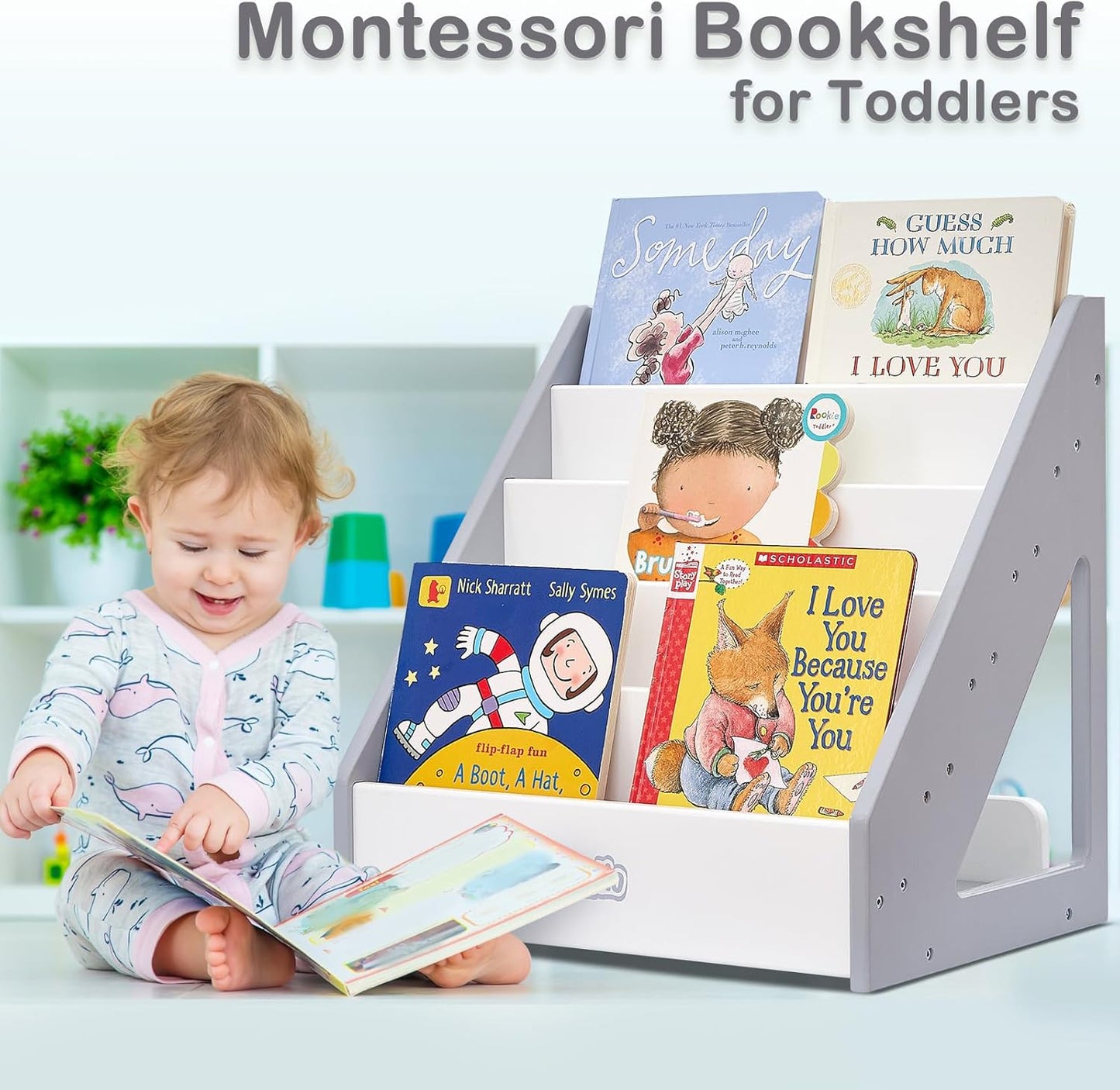 FUNLIO Montessori Bookshelf for Toddlers 1-5 Years, Front-Facing Kids Bookshelf with Handle & Anti-Tilting Device, Premium Pine Baby Bookshelf, Children's Bookcase for Nursery/Classroom - Grey&White