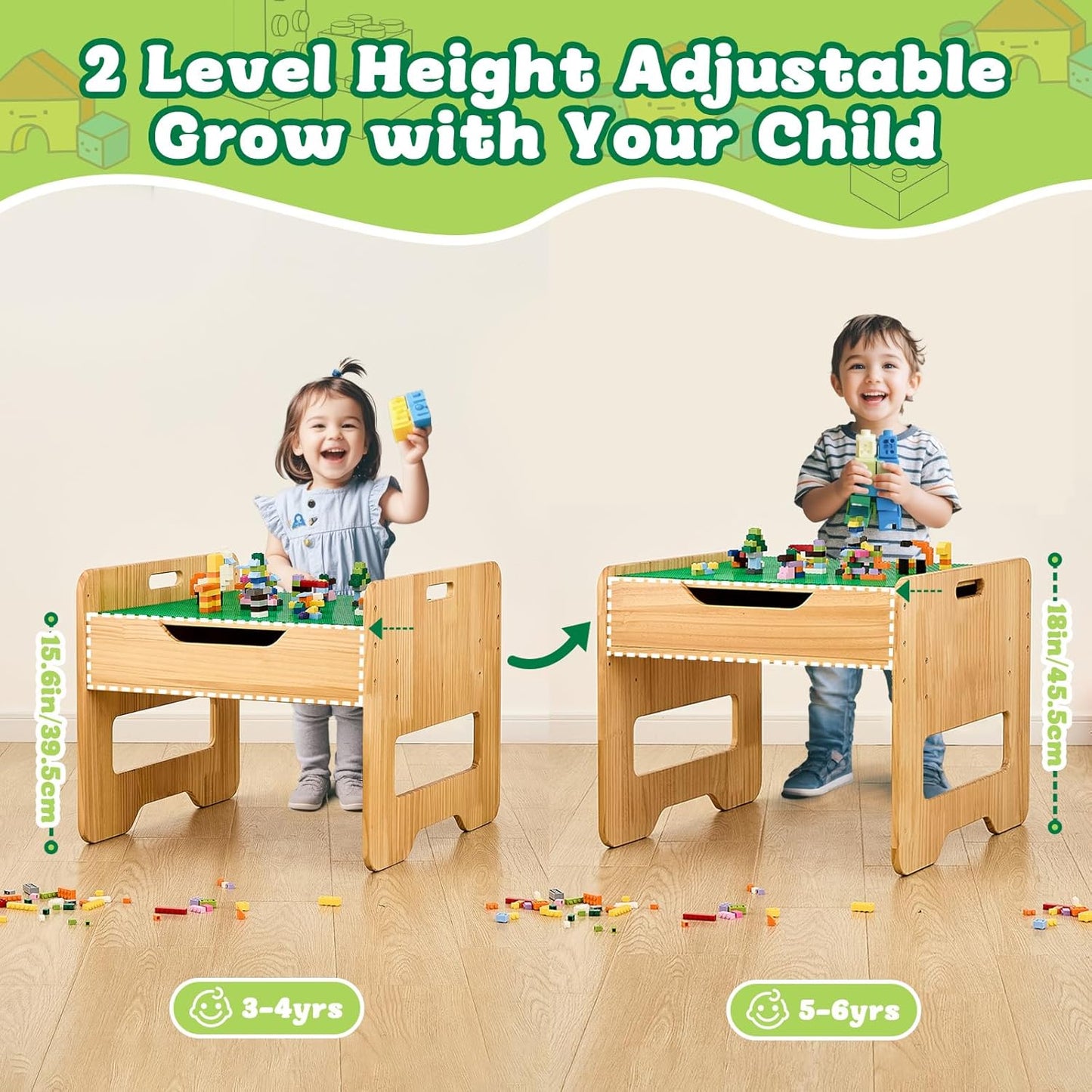 FUNLIO Height Adjustable Wooden Activity Table for Kids Ages 3+, Solid Wood Kids Play Table with 450pcs Building Blocks & Large Storage, 2-in-1 Toddler Table for Play/Learnig, CPC & CE Certified