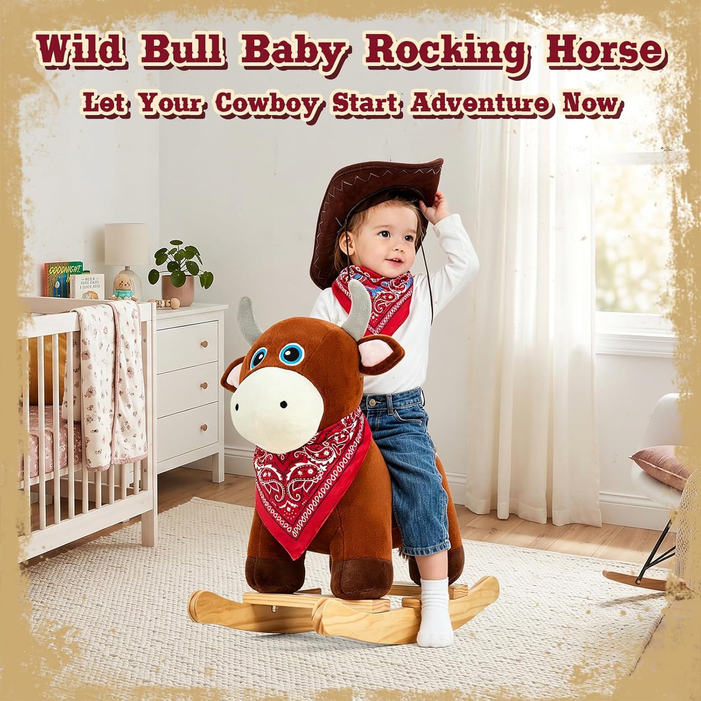 FUNLIO Bull Rocking Horse Ages 1-3, Wild Baby Rocking Horse with Cuddly Head & Bright Sparkling Eyes, Stuffed Plush Ride-on Baby Rocker, Easy to Assemble, CPC & CE Certified