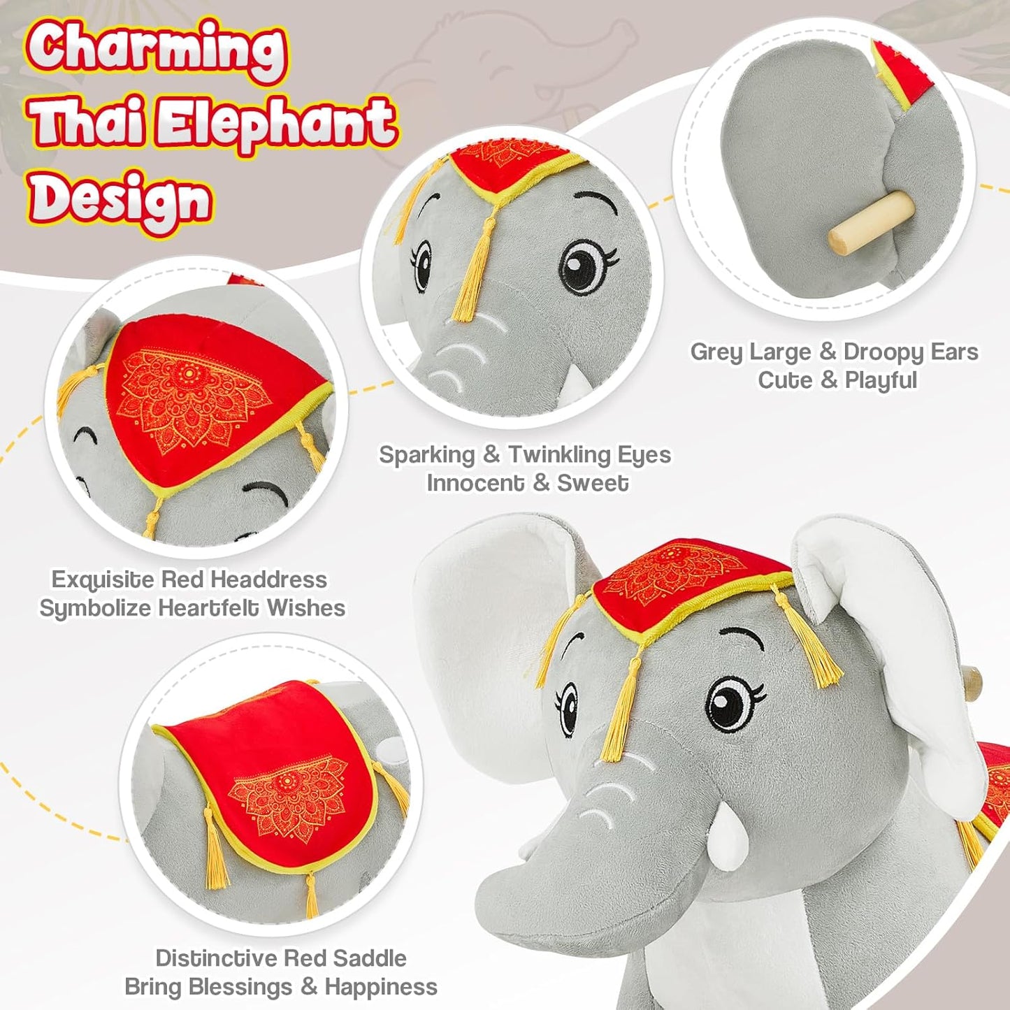 FUNLIO Elephant Baby Rocking Horse for Toddlers 1-3 Years, Cute & Graceful Gray Thai Elephant Rocker for Baby, Stuffed Plush Ride-on Rocking Animal