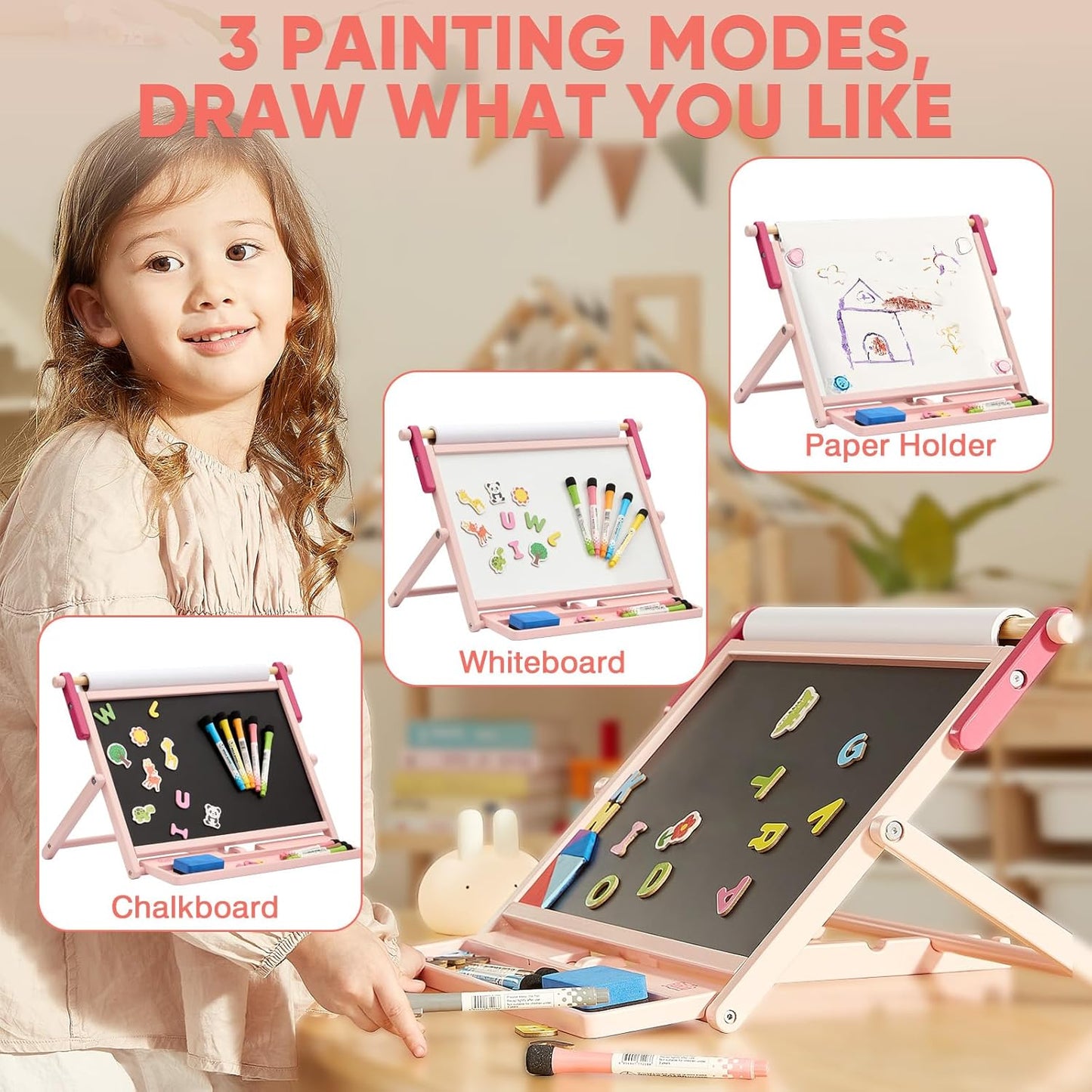 FUNLIO Anti-Warping Tabletop Easel for Kids Ages 3+ (100+ Pcs), Wooden Double-Sided Magnetic Table Easel with 3 Adjustable Angles, Kids Easel with Whiteboard, Chalkboard & Paper Roll, Foldable - Pink