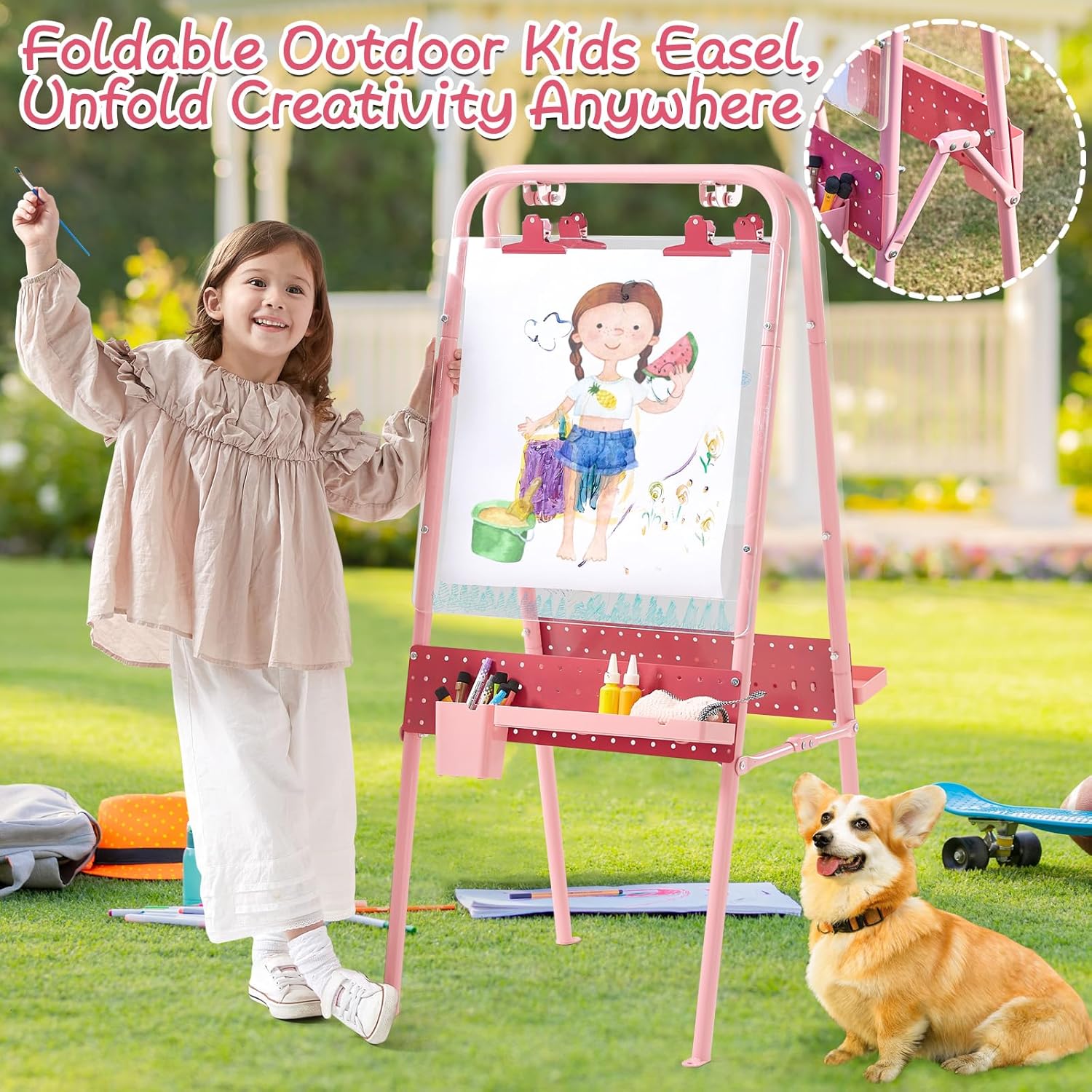 FUNLIO Cavalletto Da Arte Portatile Per Bambini – Colore Rosa – Per Dipingere E Disegnare All'Aperto