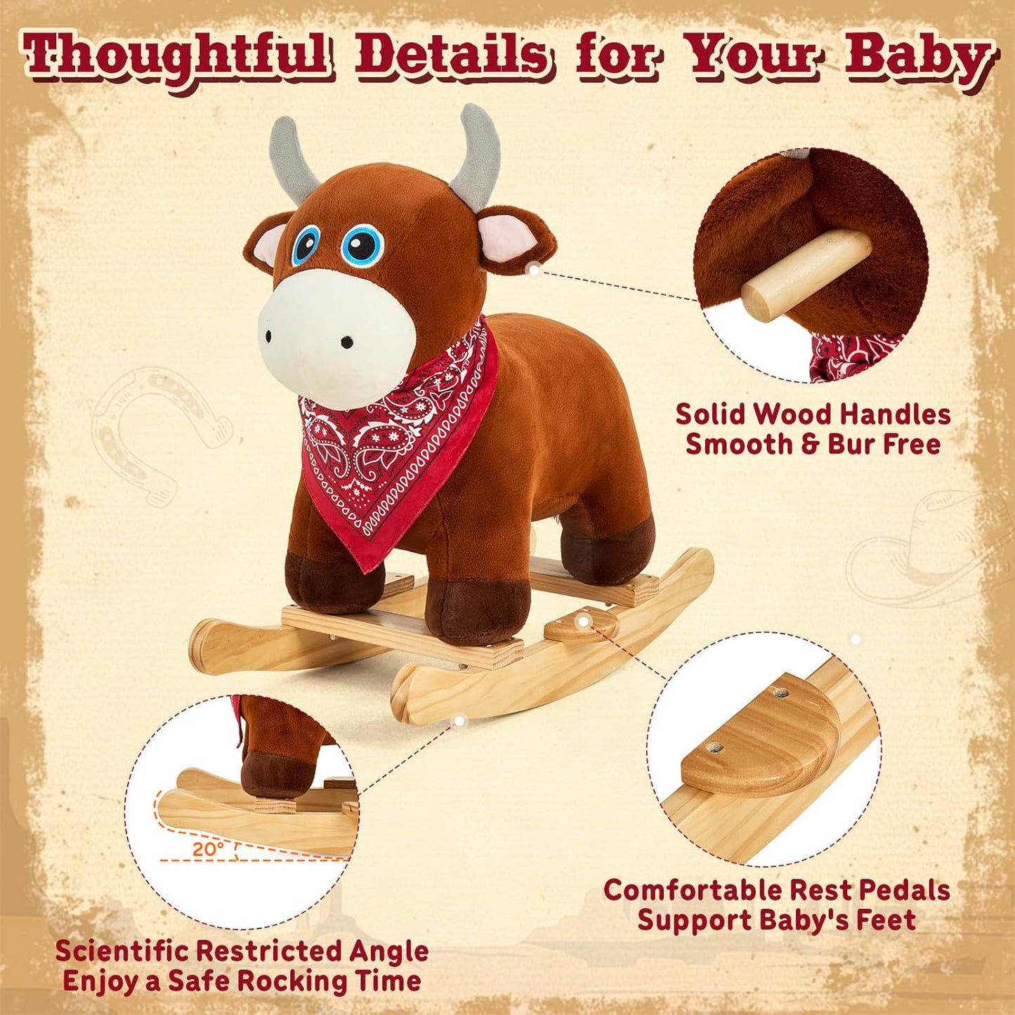 FUNLIO Bull Rocking Horse Ages 1-3, Wild Baby Rocking Horse with Cuddly Head & Bright Sparkling Eyes, Stuffed Plush Ride-on Baby Rocker, Easy to Assemble, CPC & CE Certified