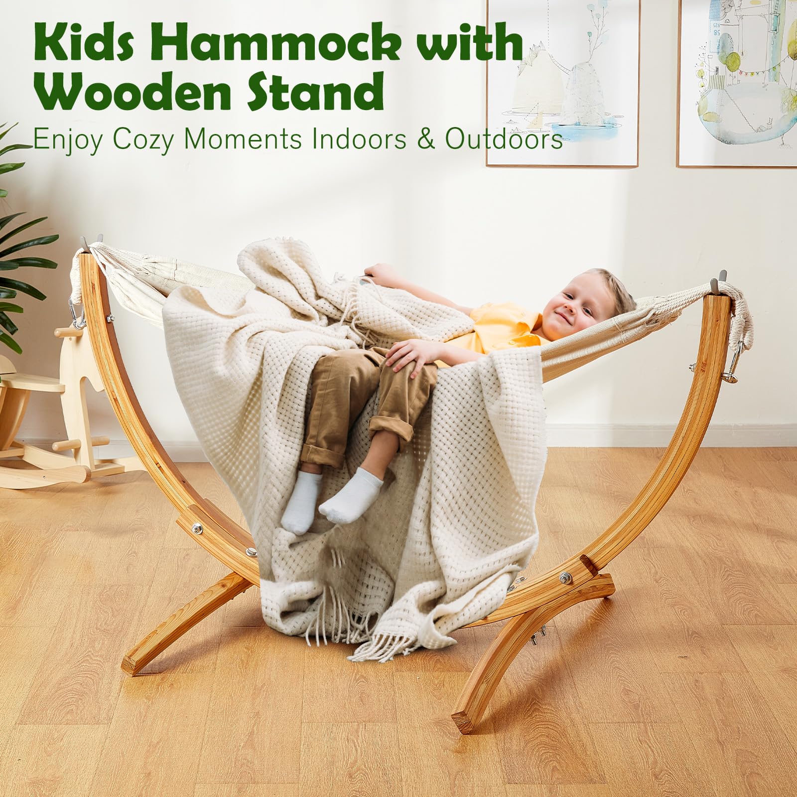 FUNLIO Wooden Hammock with Stand for Kids 3-5 Years