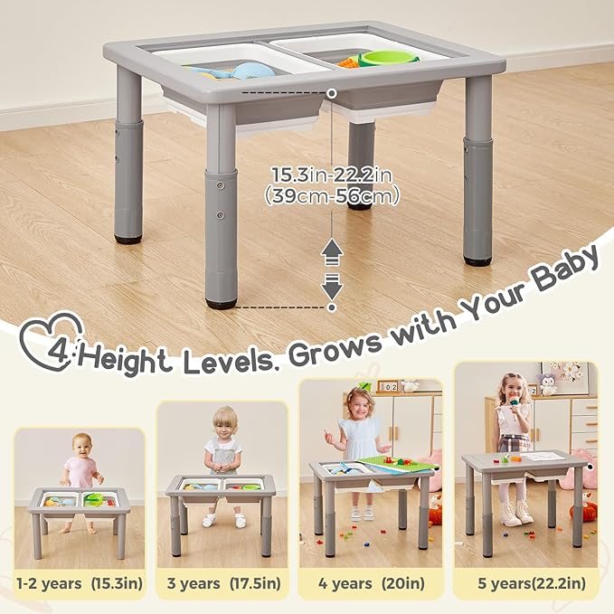 FUNLIO Wooden Sensory Table with 2 Bins for Toddlers 1-5, 4-Level Height Adjustable Kids Sensory Table with Anti-Warping Plywood Lid, Indoor/Outdoor Play Sand and Water Table, CPC Certified, Grey