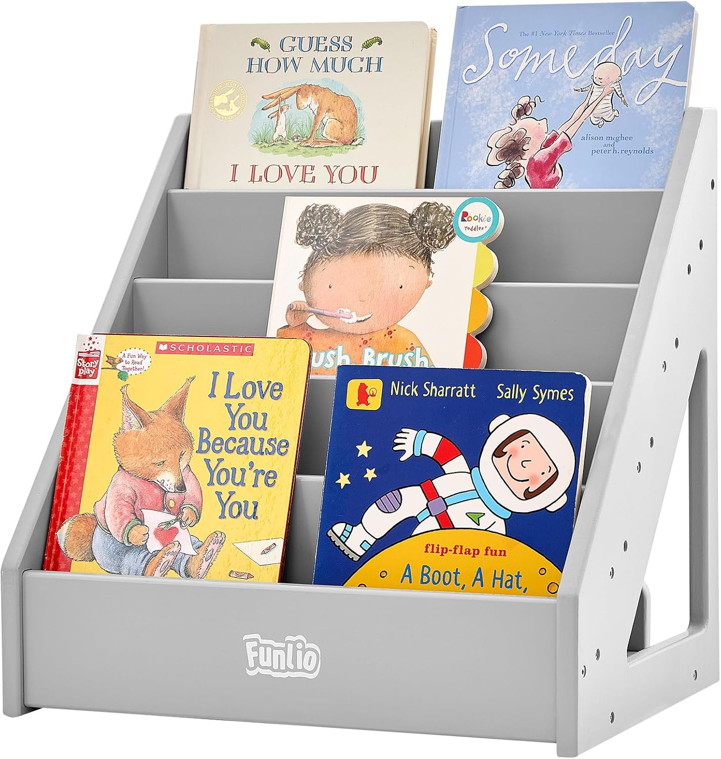 FUNLIOMontessori Bookshelf for Toddlers 1-5 Years, Front-Facing Kids Bookshelf with Handle & Anti-Tilting Device, Premium Pine Baby Bookshelf, Children's Bookcase for Nursery/Classroom - Grey