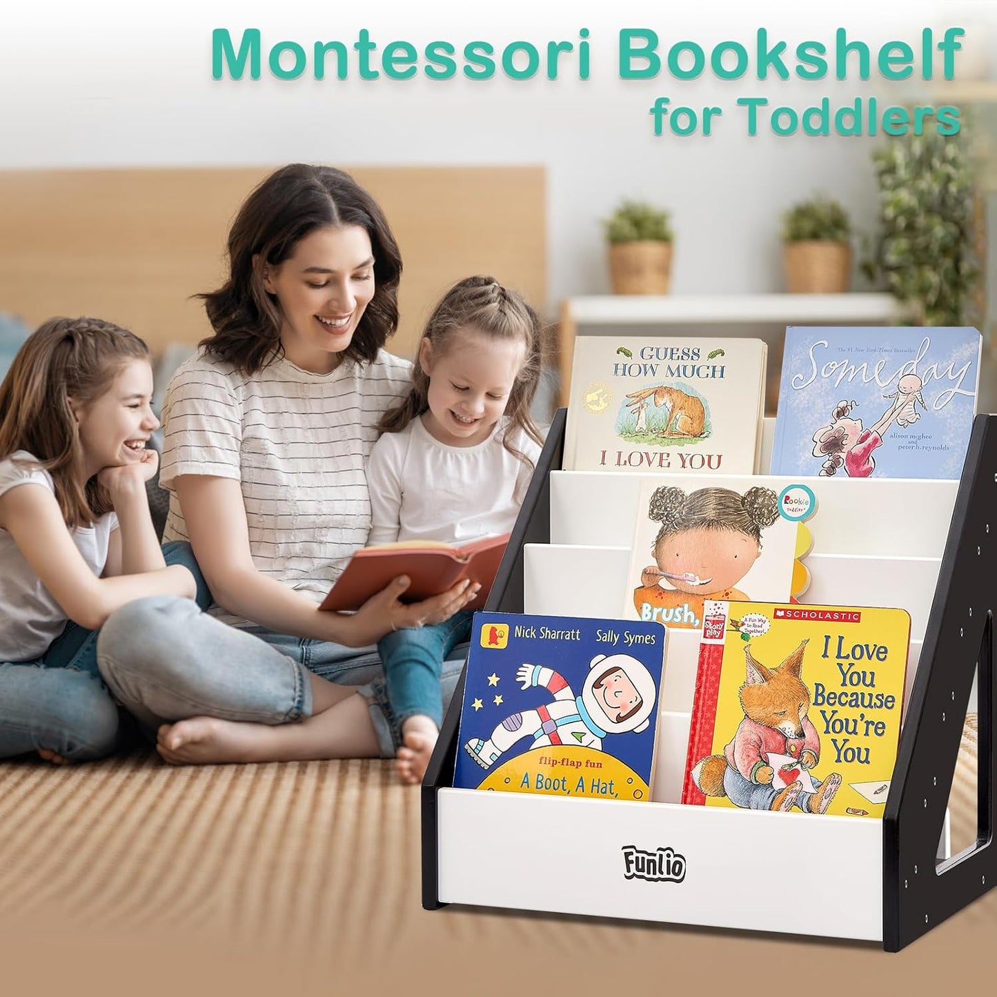 FUNLIO Montessori Bookshelf for Toddlers 1-5 Years, Front-Facing Kids Bookshelf with Handle & Anti-Tilting Device, Premium Pine Baby Bookshelf, Children's Bookcase for Nursery/Classroom - Black &White