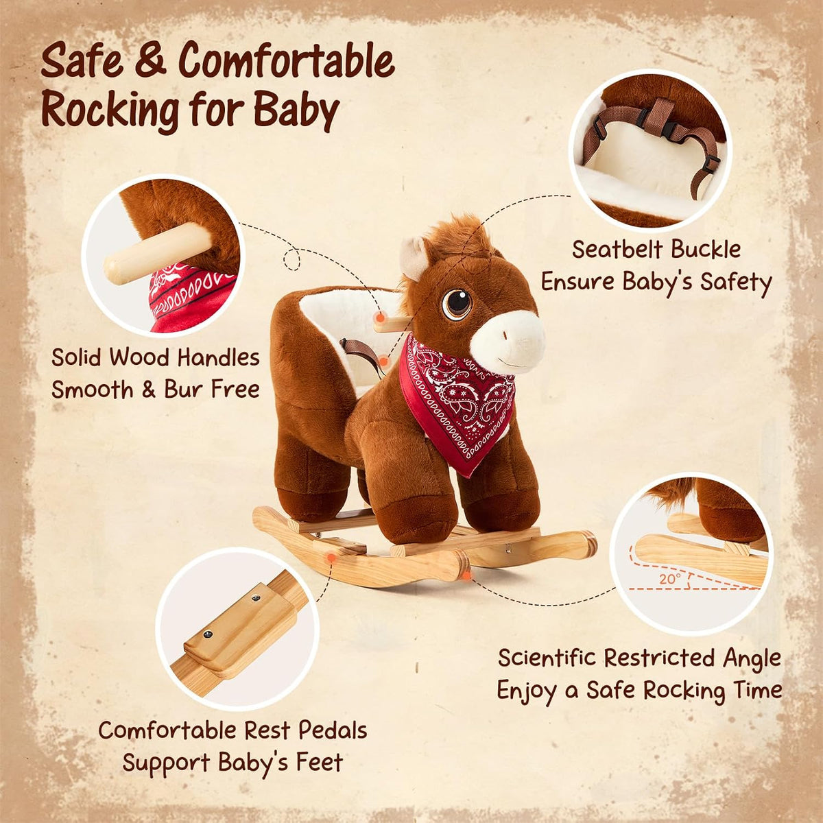 FUNLIO Pony Rocking Horse for Toddlers 6 Months to 3 Years, Cute Baby Rocking Horse with Safety Belt, Stuffed Plush Ride on Horse, Easy to Assemble Baby Rocker, Nursery, CPC & CE Certified - Dark Brown