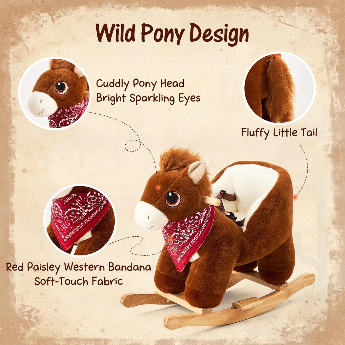 FUNLIO Pony Rocking Horse for Toddlers 6 Months to 3 Years, Cute Baby Rocking Horse with Safety Belt, Stuffed Plush Ride on Horse, Easy to Assemble Baby Rocker, Nursery, CPC & CE Certified - Dark Brown