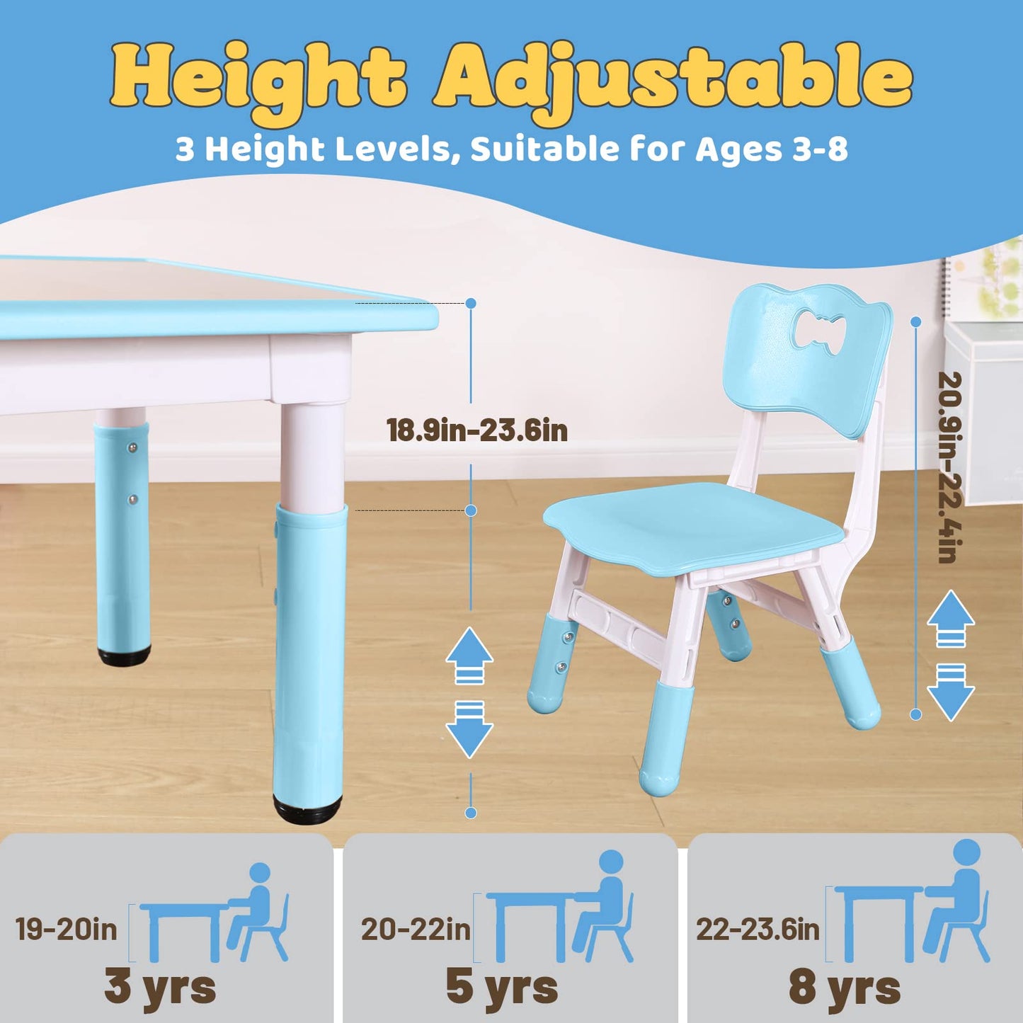 FUNLIO Kids Table and 2 Chairs Set, Height Adjustable Toddler Table and Chair Set