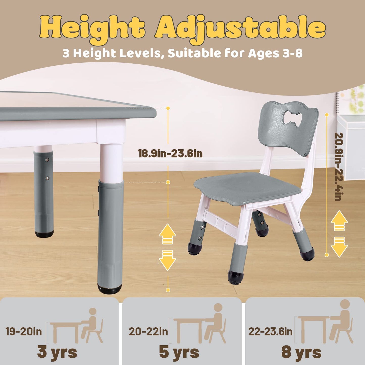 FUNLIO Kids Table and 2 Chairs Set, Height Adjustable Toddler Table and Chair Set