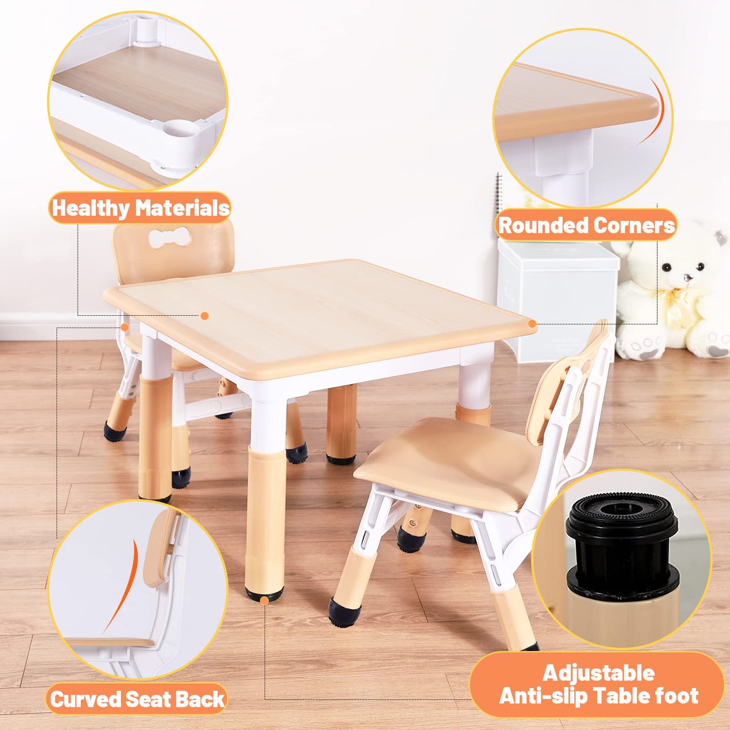 FUNLIO Kids Table and 2 Chairs Set, Height Adjustable Toddler Table and Chair Set