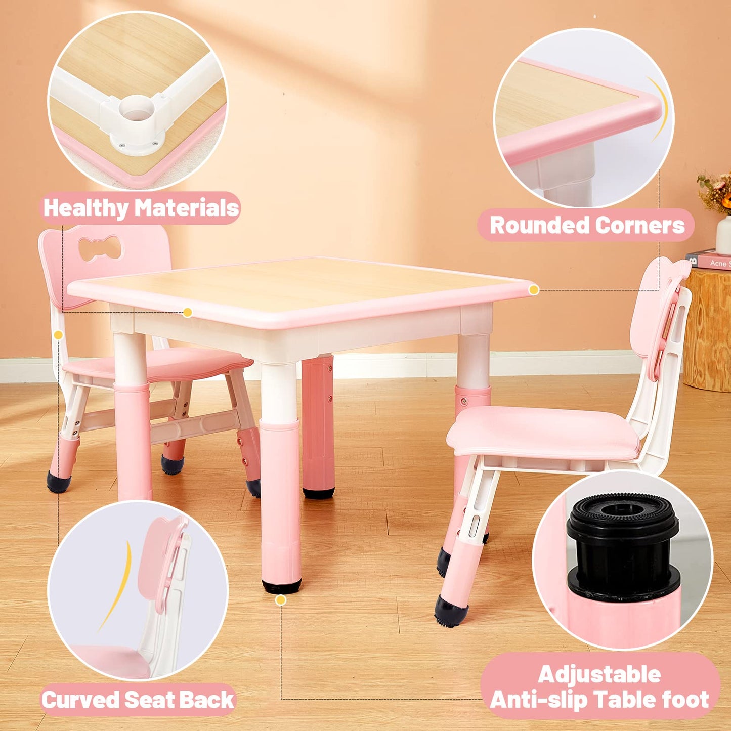 FUNLIO Kids Table and 2 Chairs Set, Height Adjustable Toddler Table and Chair Set