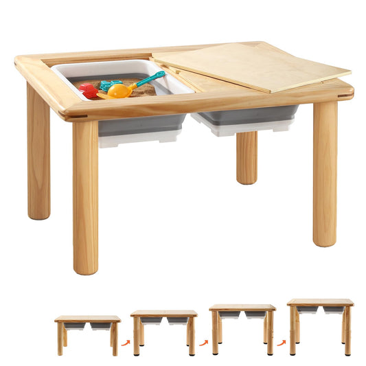 FUNLIO Wooden Sensory Table with 2 Bins for Toddlers 1-5, 4-Level Height Adjustable