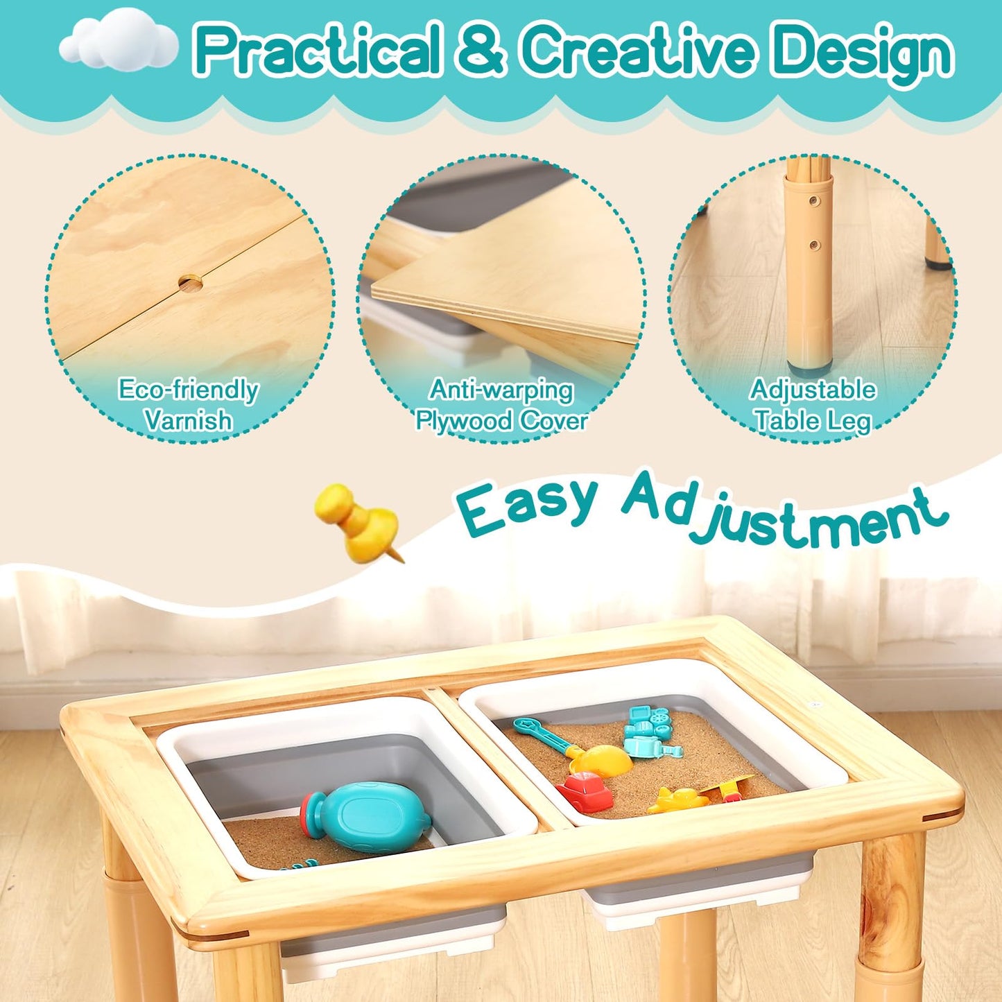 FUNLIO Wooden Sensory Table with 2 Bins for Toddlers 1-5, 4-Level Height Adjustable