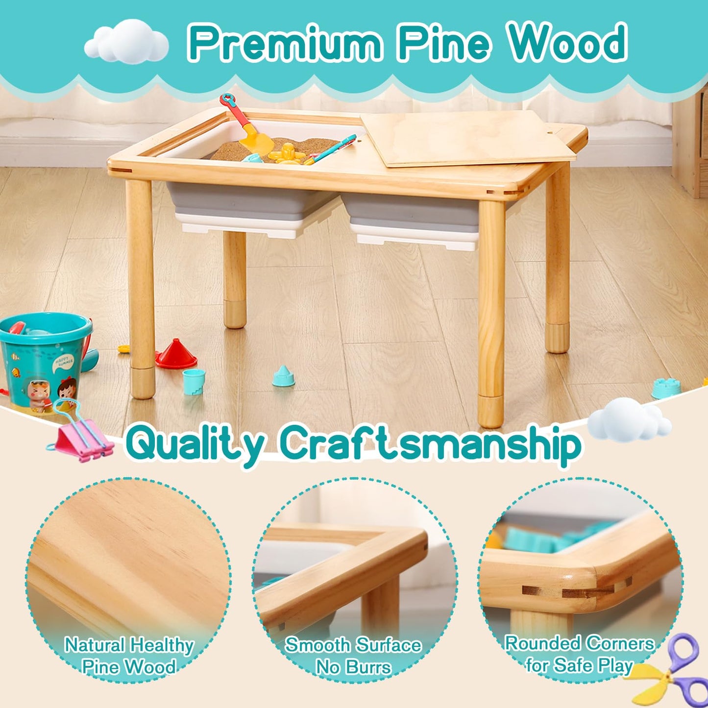 FUNLIO Wooden Sensory Table with 2 Bins for Toddlers 1-5