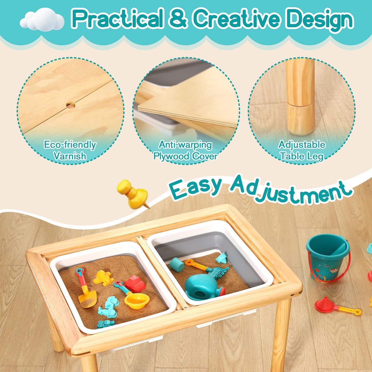 FUNLIO Wooden Sensory Table with 2 Bins for Toddlers 1-5