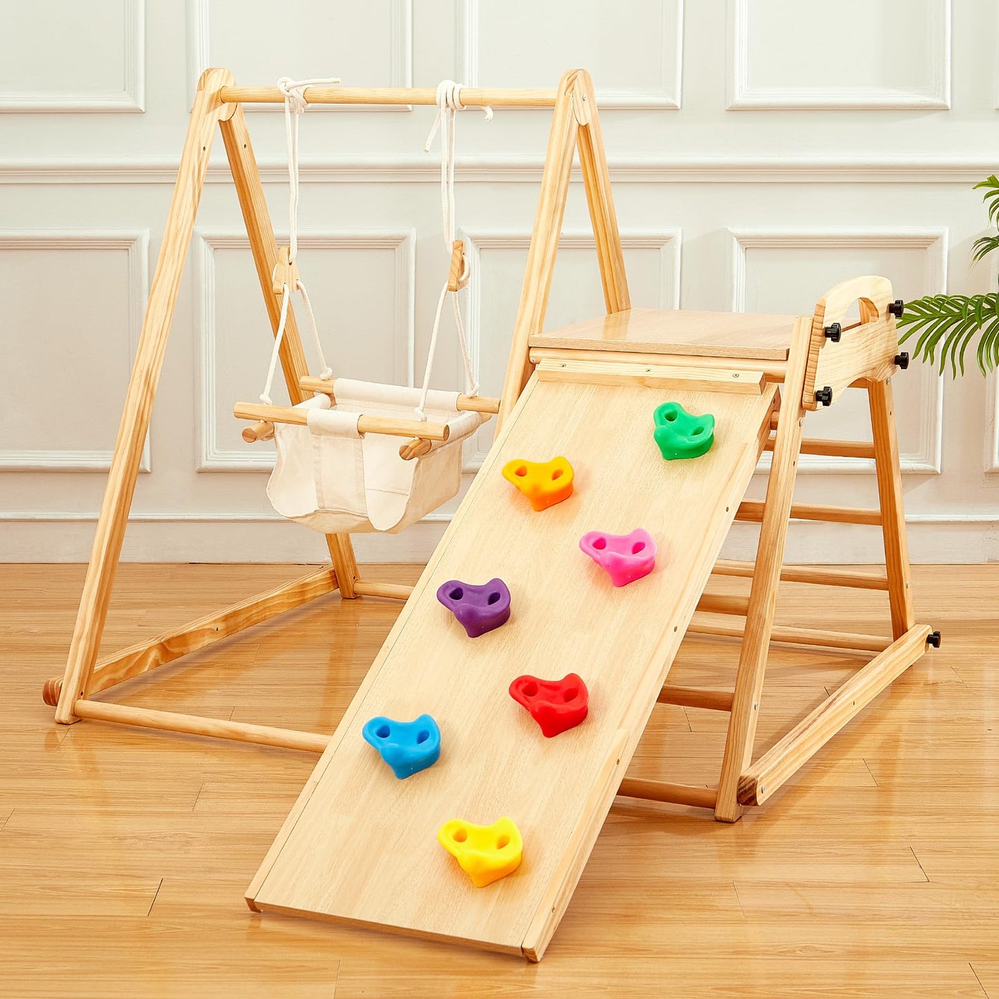 FUNLIO 4-in-1 Wooden Toddler Swing and Slide Set, Foldable Montessori Jungle Gym for Toddlers 0.5-5 Years, Indoor Playground with Swing/Slide/Ladder/Climbing Rock, Easy to Assemble & Store