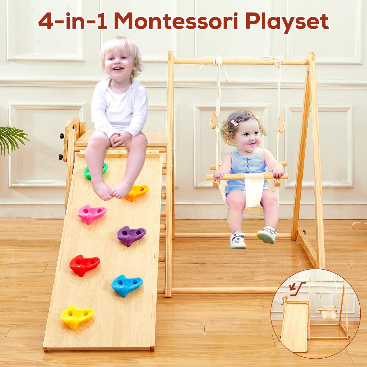 FUNLIO 4-in-1 Wooden Toddler Swing and Slide Set, Foldable Montessori Jungle Gym for Toddlers 0.5-5 Years, Indoor Playground with Swing/Slide/Ladder/Climbing Rock, Easy to Assemble & Store