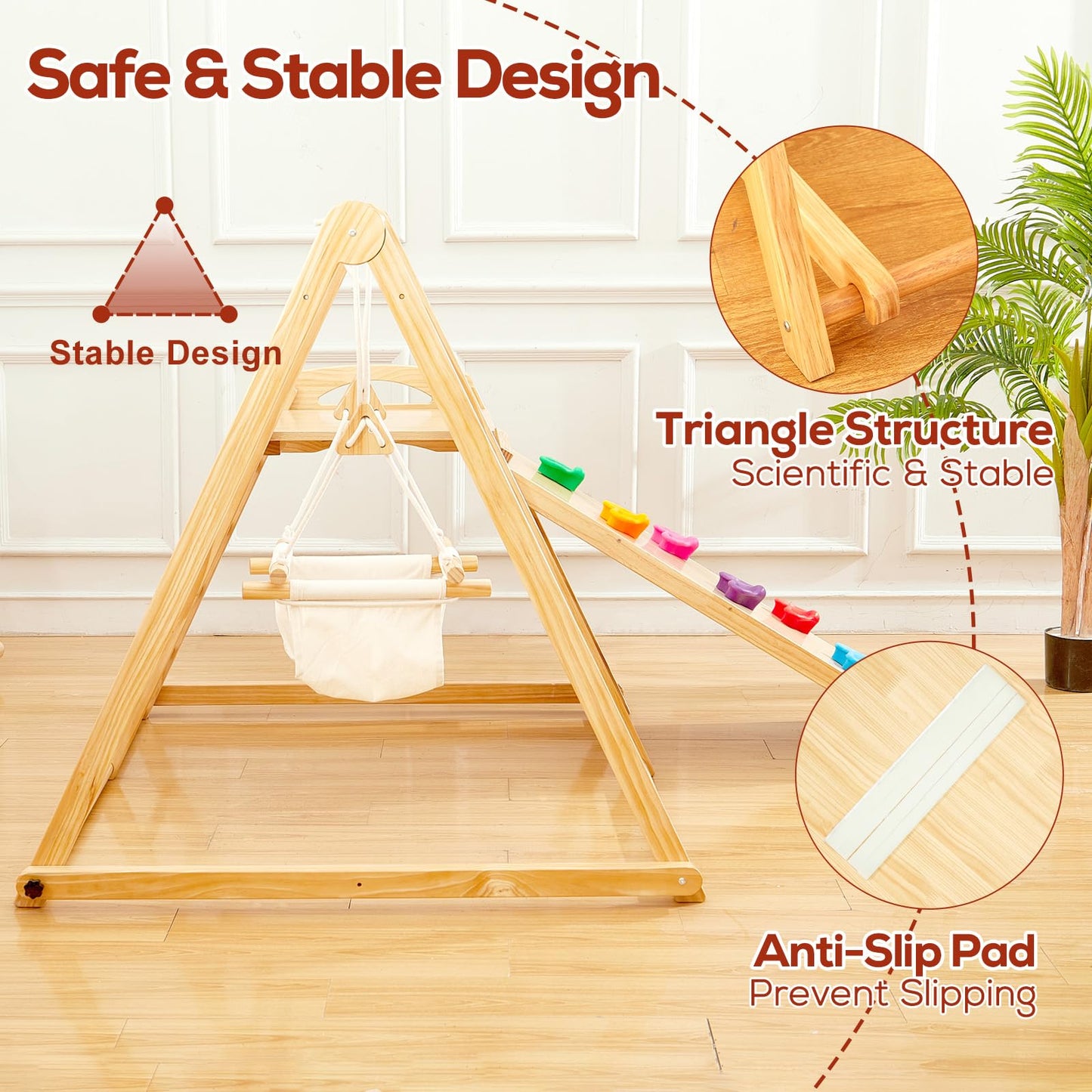 FUNLIO 4-in-1 Wooden Toddler Swing and Slide Set, Foldable Montessori Jungle Gym for Toddlers 0.5-5 Years, Indoor Playground with Swing/Slide/Ladder/Climbing Rock, Easy to Assemble & Store