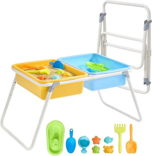 FUNLIO Foldable Sand and Water Table for 3-6 Years, Height Adjustable Toddler Sensory Table with dust Cover, 2 Storage Bins & Beach Accessories, Easy to Carry & Storage, CPC Certified