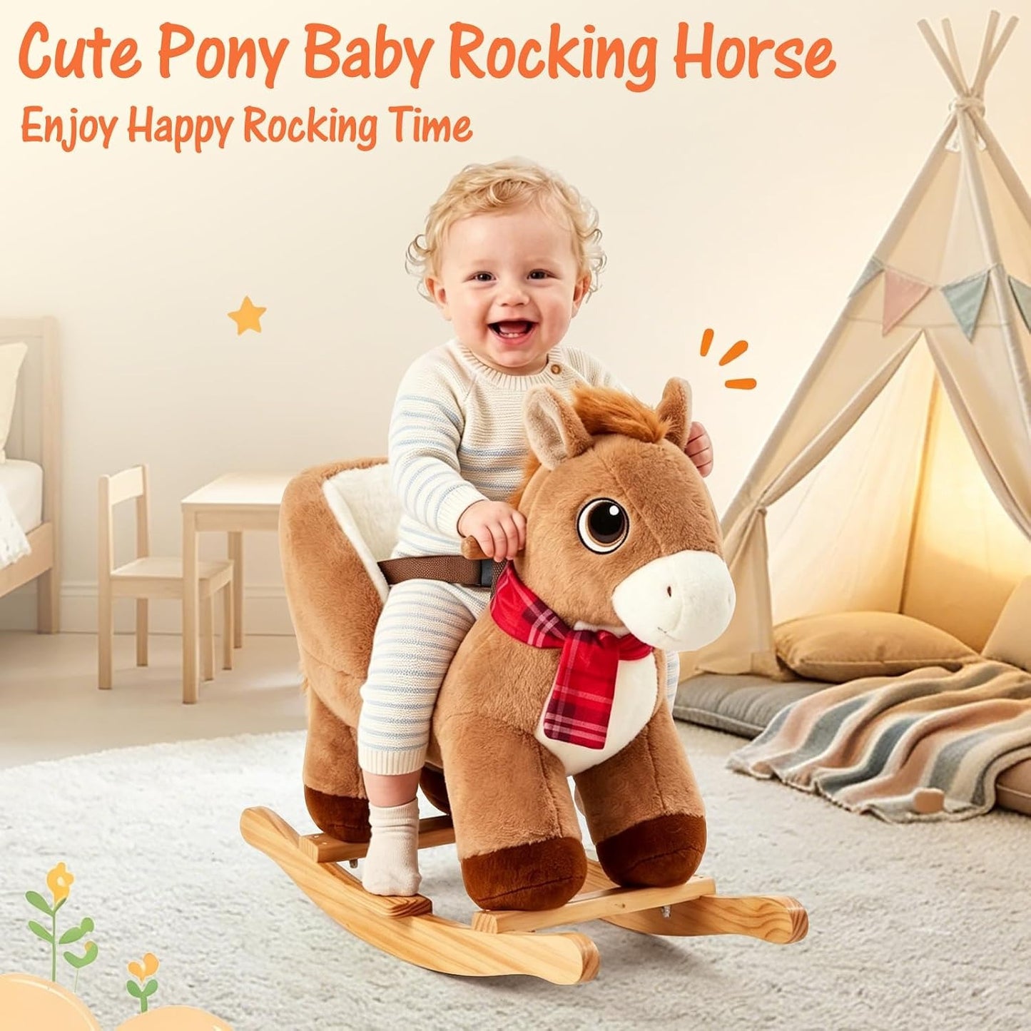 FUNLIO Pony Rocking Horse for Toddlers 6 Months to 3 Years, Cute Baby Rocking Horse with Safety Belt, Stuffed Plush Ride on Horse, Easy to Assemble Baby Rocker, Nursery, CPC & CE Certified - Brown