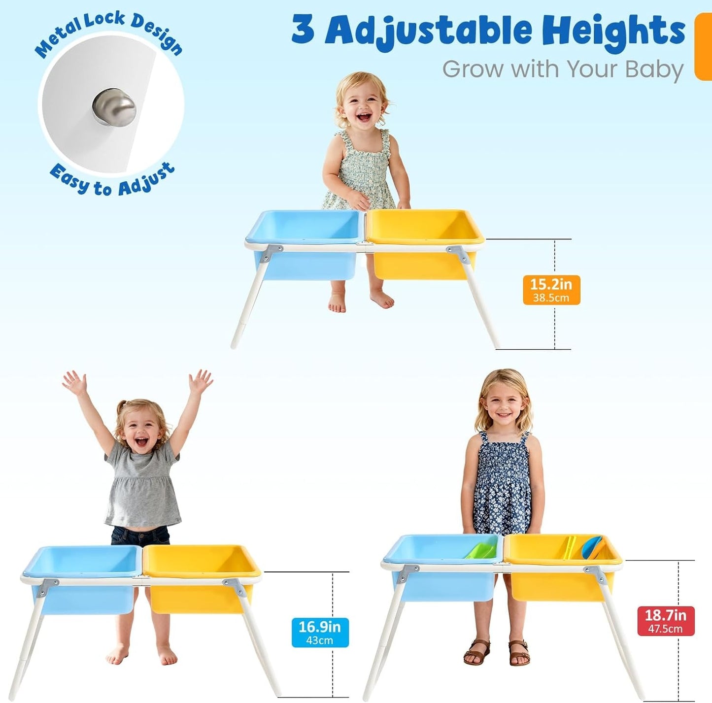 FUNLIO Foldable Sand and Water Table for 3-6 Years, Height Adjustable Toddler Sensory Table with dust Cover, 2 Storage Bins & Beach Accessories, Easy to Carry & Storage, CPC Certified