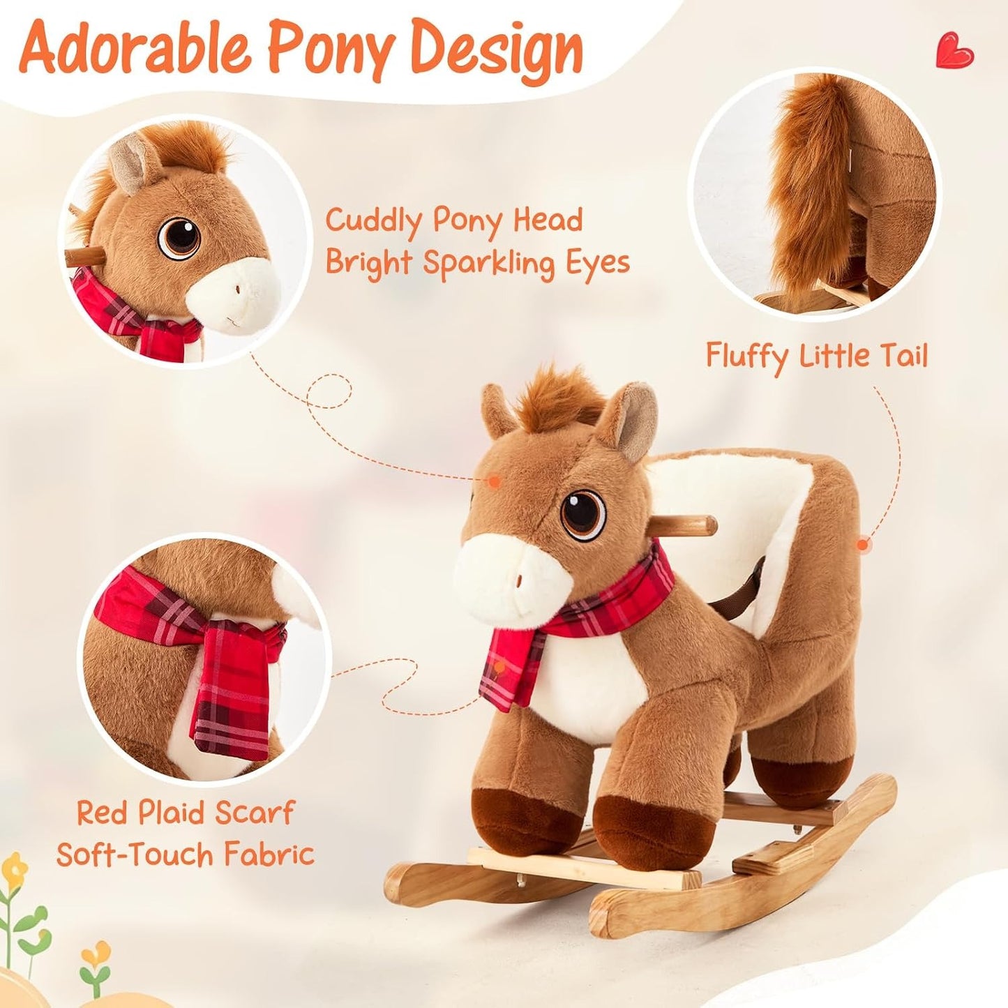FUNLIO Pony Rocking Horse for Toddlers 6 Months to 3 Years, Cute Baby Rocking Horse with Safety Belt, Stuffed Plush Ride on Horse, Easy to Assemble Baby Rocker, Nursery, CPC & CE Certified - Brown