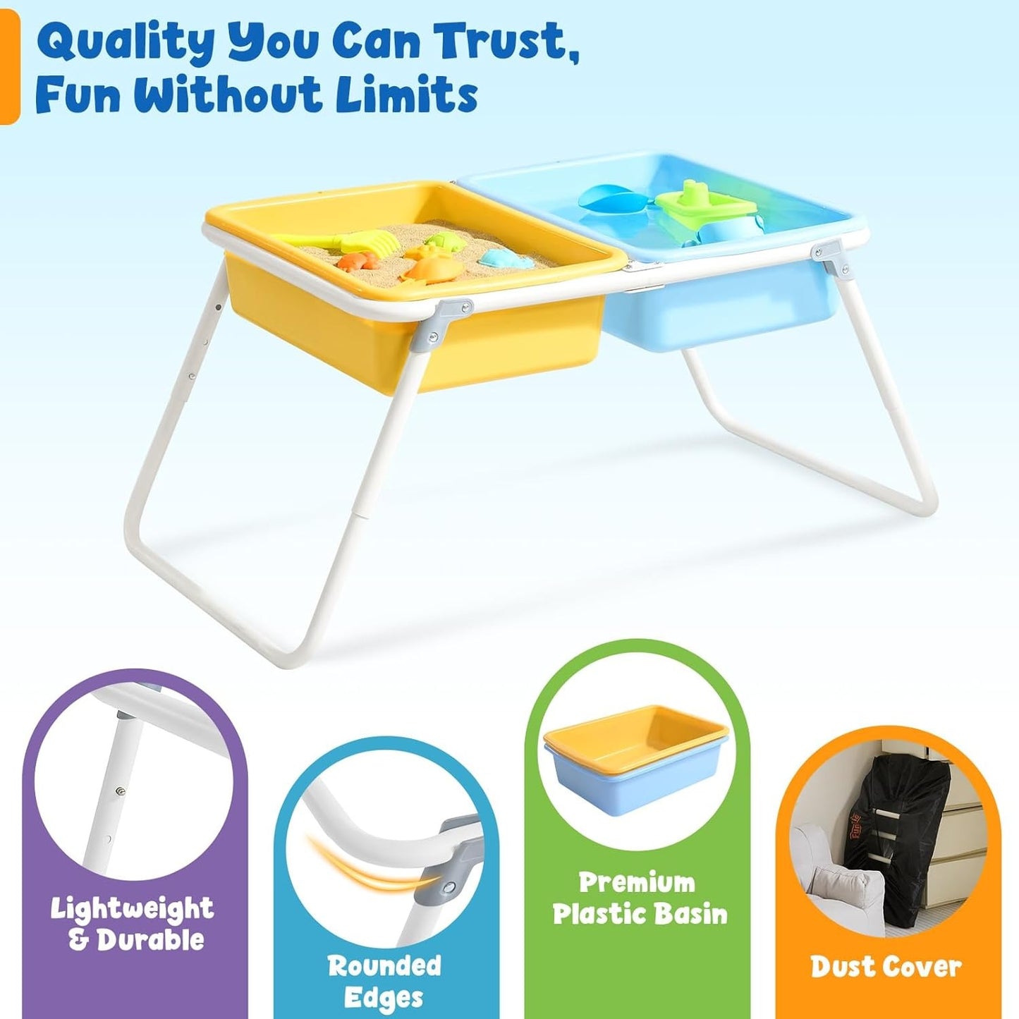 FUNLIO Foldable Sand and Water Table for 3-6 Years, Height Adjustable Toddler Sensory Table with dust Cover, 2 Storage Bins & Beach Accessories, Easy to Carry & Storage, CPC Certified