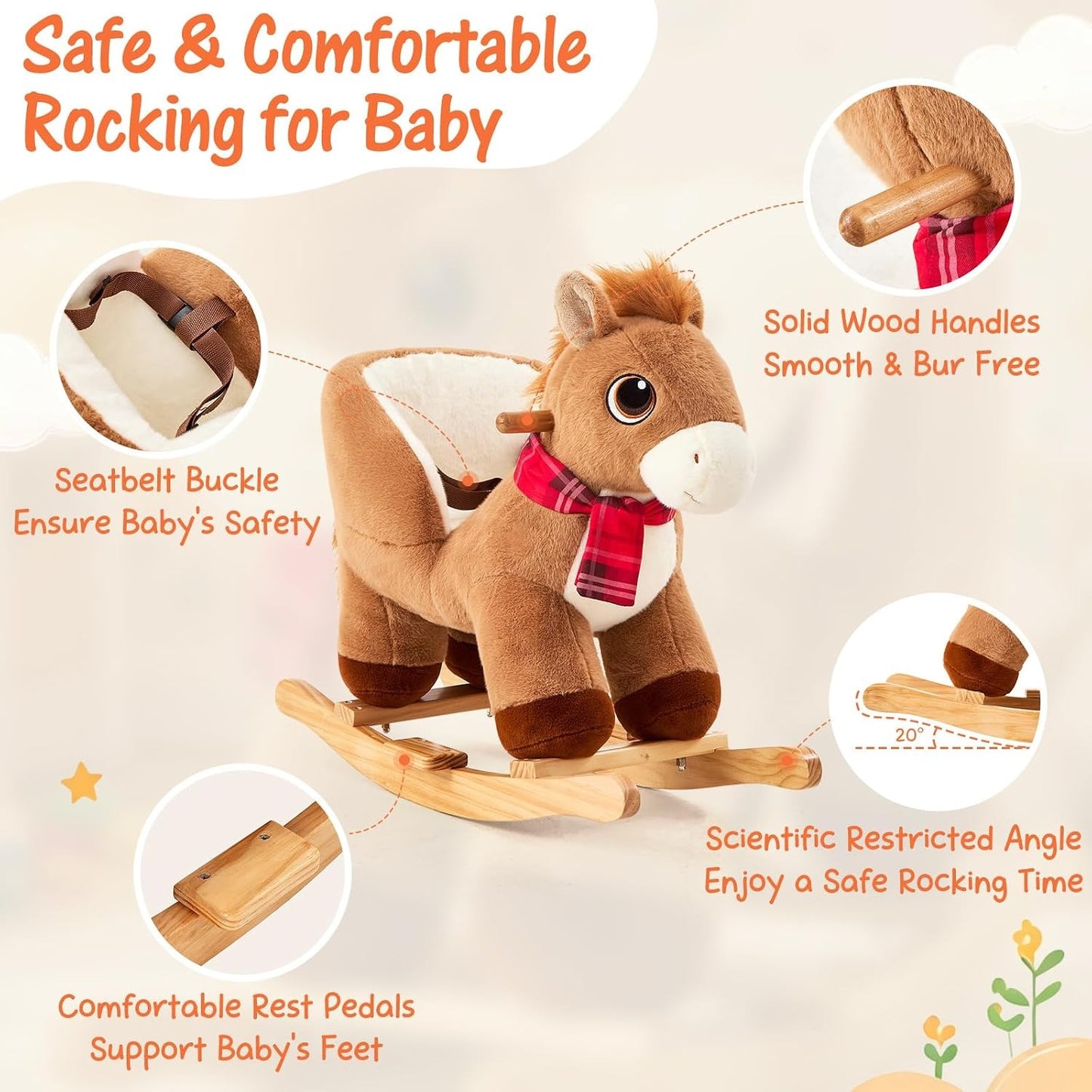 FUNLIO Pony Rocking Horse for Toddlers 6 Months to 3 Years, Cute Baby Rocking Horse with Safety Belt, Stuffed Plush Ride on Horse, Easy to Assemble Baby Rocker, Nursery, CPC & CE Certified - Brown