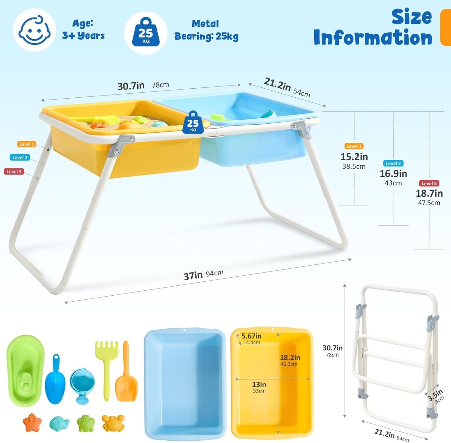 FUNLIO Foldable Sand and Water Table for 3-6 Years, Height Adjustable Toddler Sensory Table with dust Cover, 2 Storage Bins & Beach Accessories, Easy to Carry & Storage, CPC Certified