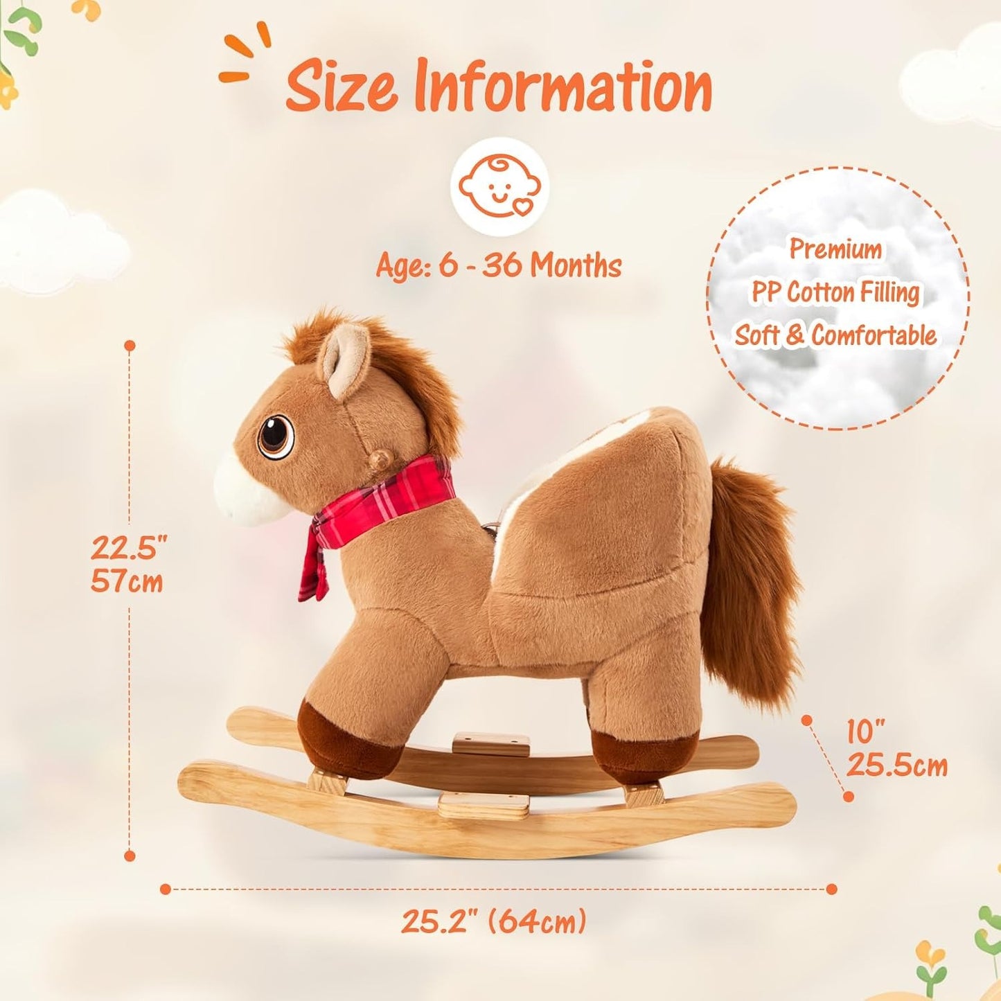 FUNLIO Pony Rocking Horse for Toddlers 6 Months to 3 Years, Cute Baby Rocking Horse with Safety Belt, Stuffed Plush Ride on Horse, Easy to Assemble Baby Rocker, Nursery, CPC & CE Certified - Brown