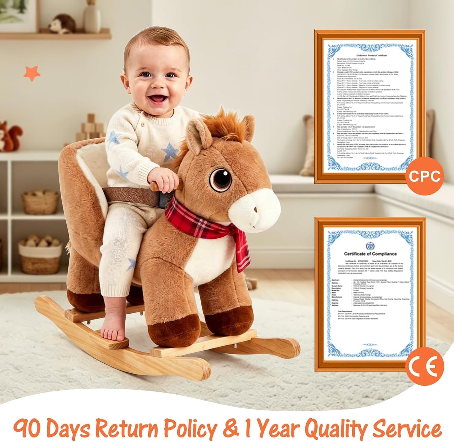 FUNLIO Pony Rocking Horse for Toddlers 6 Months to 3 Years, Cute Baby Rocking Horse with Safety Belt, Stuffed Plush Ride on Horse, Easy to Assemble Baby Rocker, Nursery, CPC & CE Certified - Brown