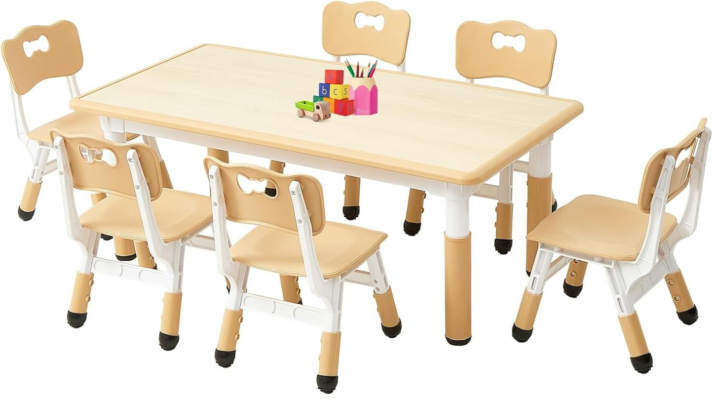 FUNLIO Kids Table and 6 Chairs Set for Ages 3-8, Height Adjustable Toddler Table and Chair Set, Easy to Wipe Arts & Crafts Table, for Classrooms/Daycares/Homes, CPC & CE Approved (7pcs Set) - Natural