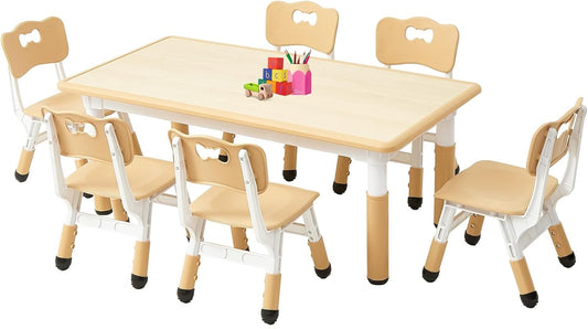 FUNLIO Kids Table and 6 Chairs Set for Ages 3-8, Height Adjustable Toddler Table and Chair Set, Easy to Wipe Arts & Crafts Table, for Classrooms/Daycares/Homes, CPC & CE Approved (7pcs Set) - Natural
