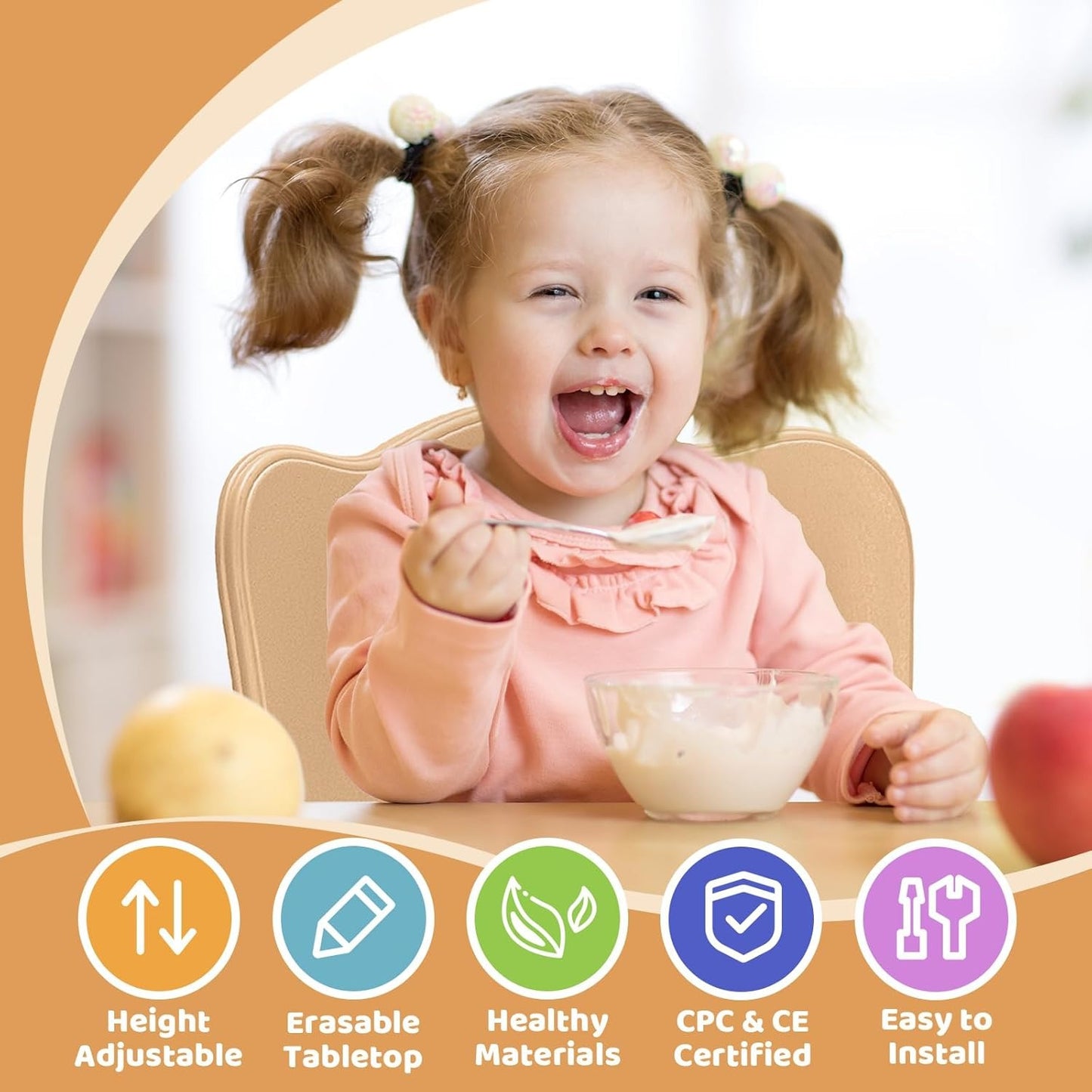 FUNLIO Kids Table and 6 Chairs Set for Ages 3-8, Height Adjustable Toddler Table and Chair Set, Easy to Wipe Arts & Crafts Table, for Classrooms/Daycares/Homes, CPC & CE Approved (7pcs Set) - Natural