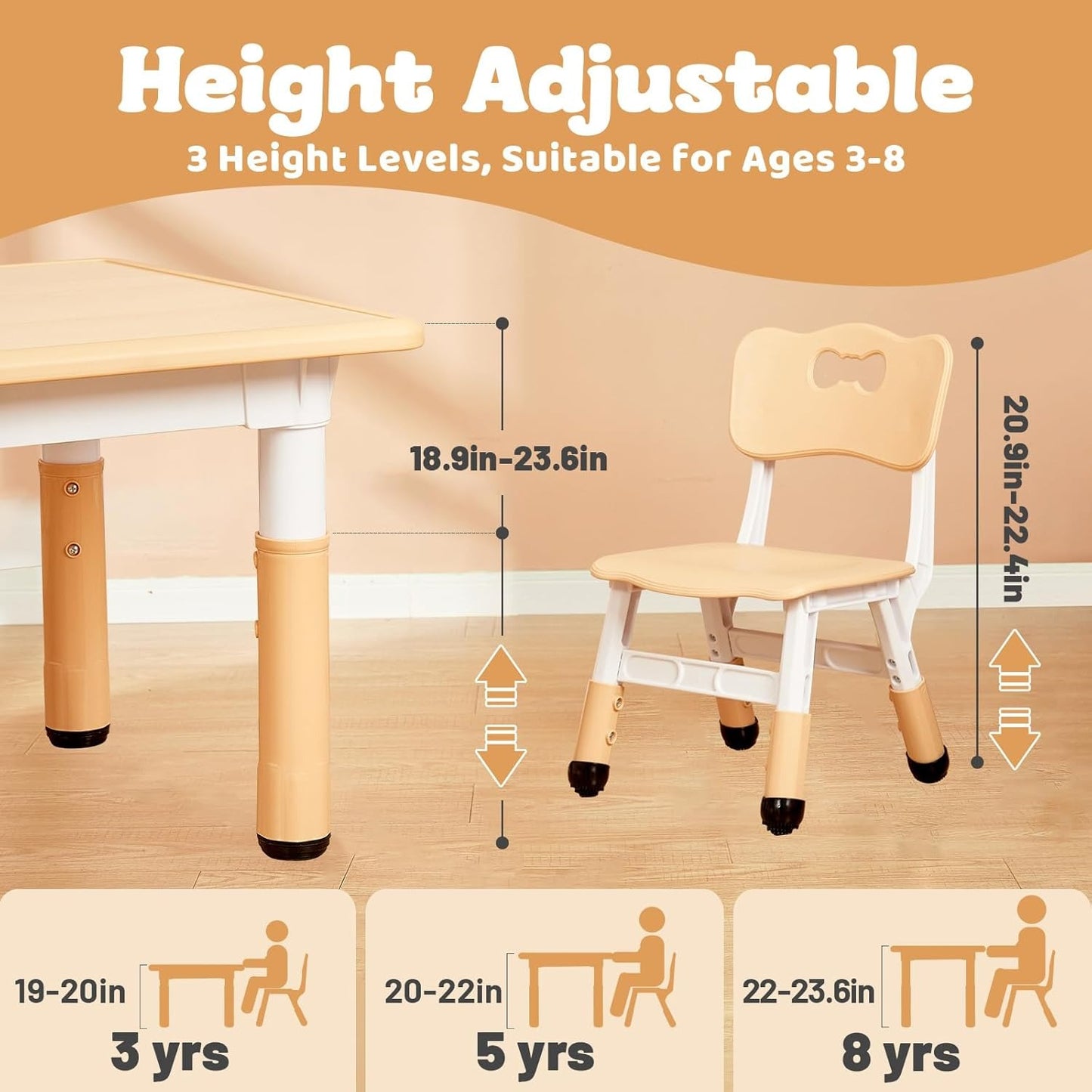 FUNLIO Kids Table and 6 Chairs Set for Ages 3-8, Height Adjustable Toddler Table and Chair Set, Easy to Wipe Arts & Crafts Table, for Classrooms/Daycares/Homes, CPC & CE Approved (7pcs Set) - Natural