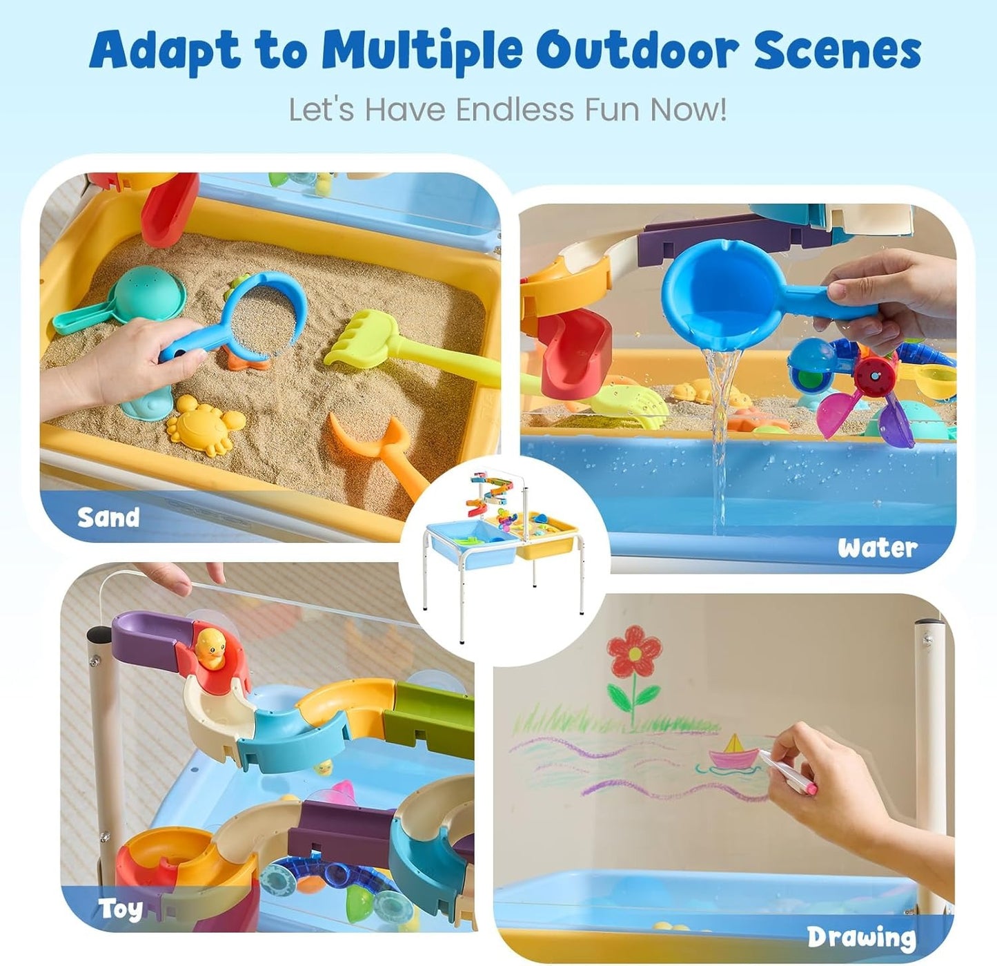 FUNLIO Toddler Water Table, Height Adjustable Sand and Water Table for Kids 3-6 Years, 4 in 1 Toddler Sensory Table with 2 Storage Bins, Acrylic Board & 16 Accessory Pieces