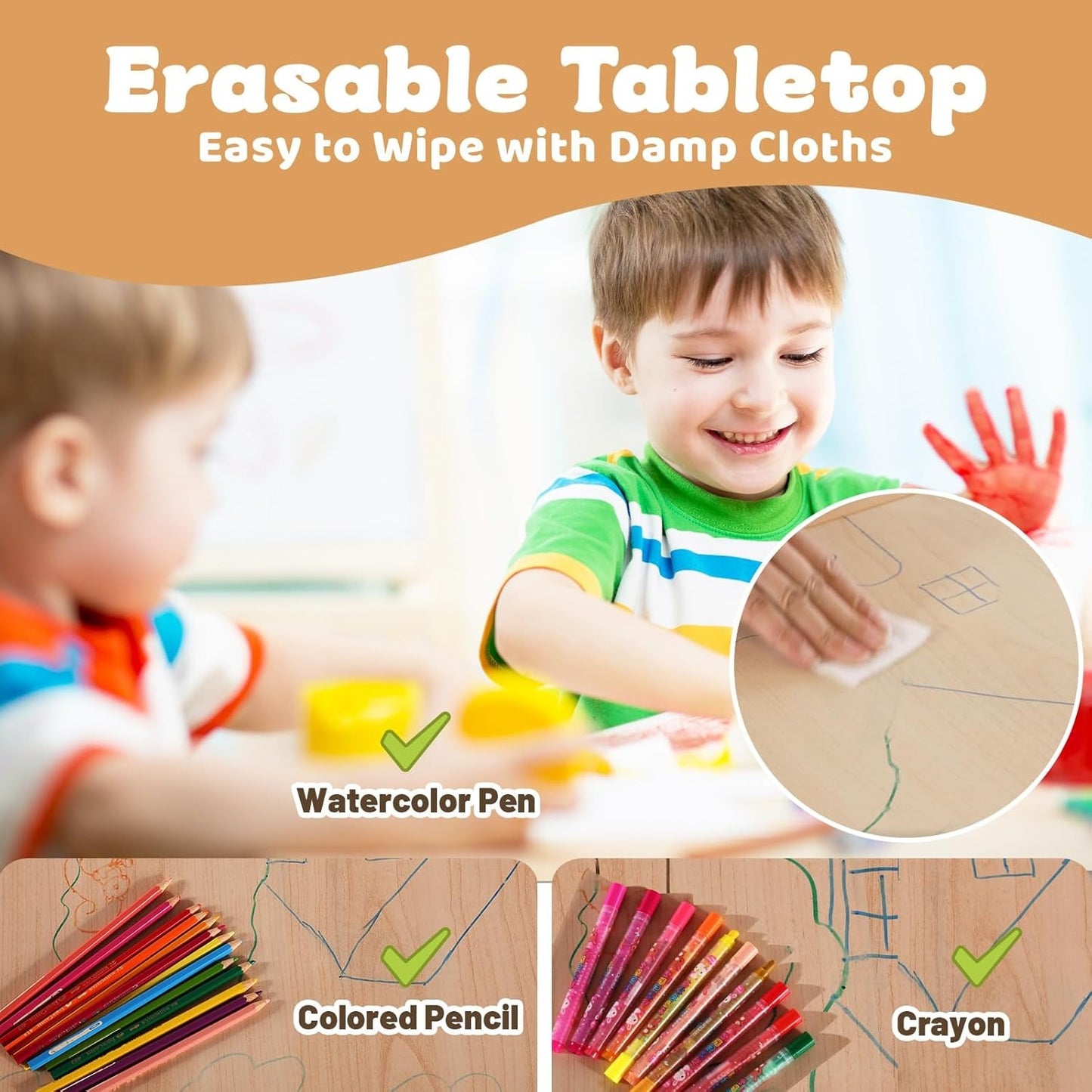 FUNLIO Kids Table and 6 Chairs Set for Ages 3-8, Height Adjustable Toddler Table and Chair Set, Easy to Wipe Arts & Crafts Table, for Classrooms/Daycares/Homes, CPC & CE Approved (7pcs Set) - Natural