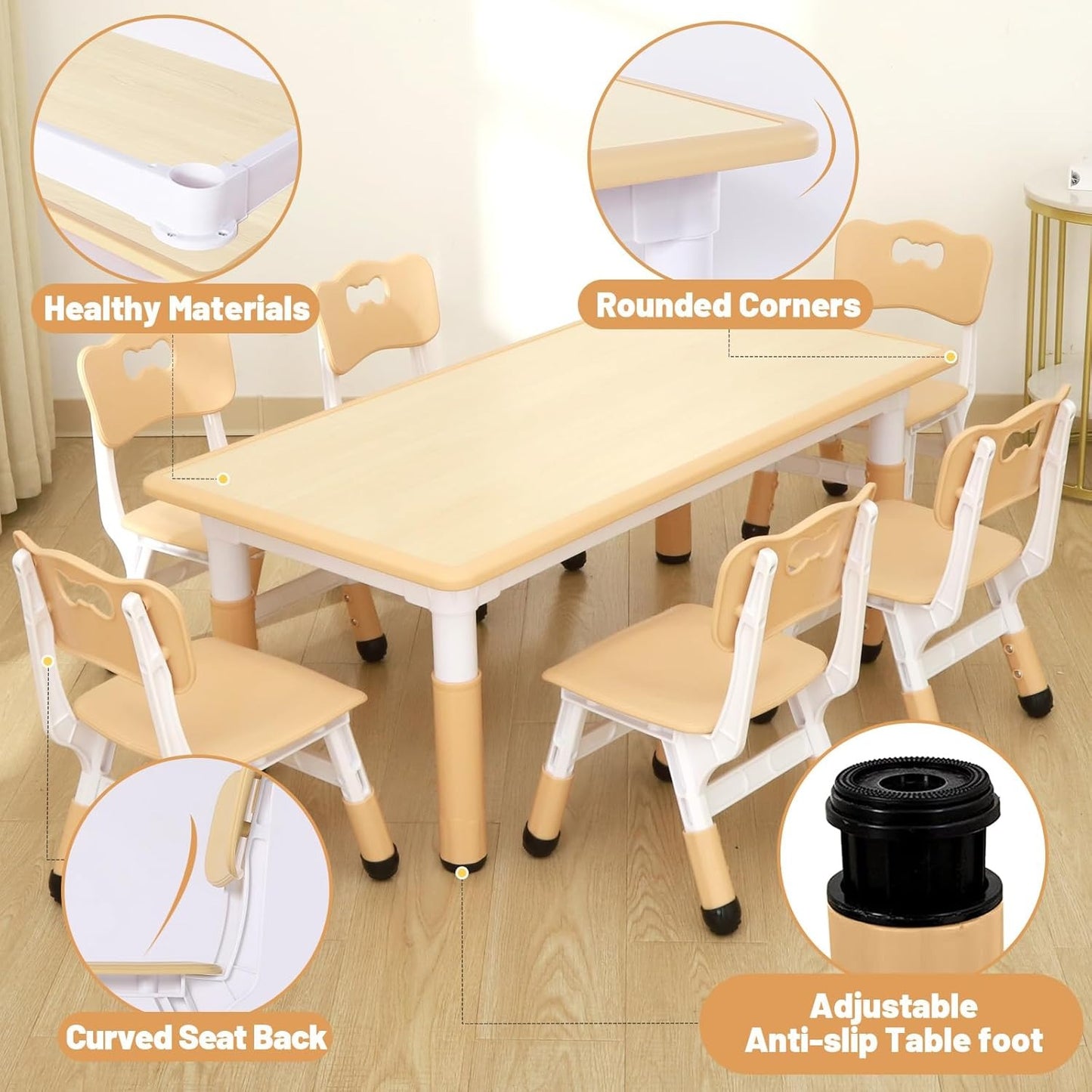 FUNLIO Kids Table and 6 Chairs Set for Ages 3-8, Height Adjustable Toddler Table and Chair Set, Easy to Wipe Arts & Crafts Table, for Classrooms/Daycares/Homes, CPC & CE Approved (7pcs Set) - Natural