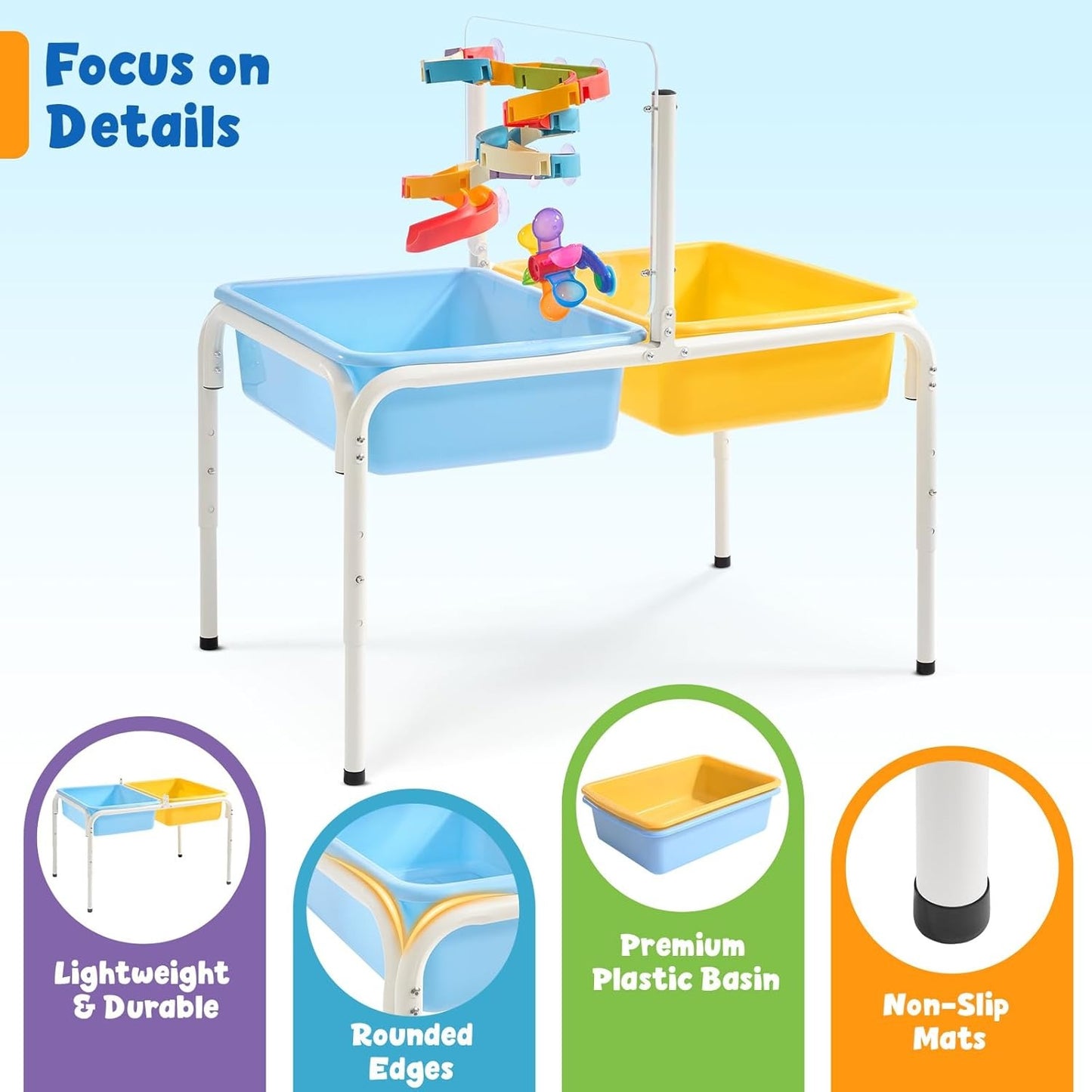 FUNLIO Toddler Water Table, Height Adjustable Sand and Water Table for Kids 3-6 Years, 4 in 1 Toddler Sensory Table with 2 Storage Bins, Acrylic Board & 16 Accessory Pieces