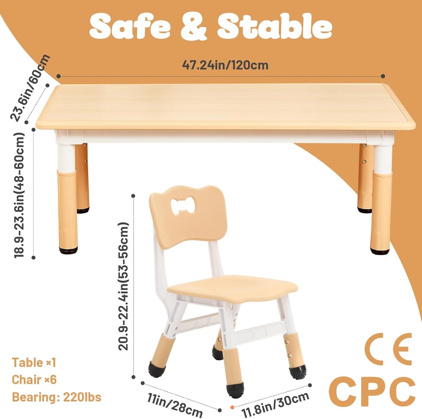 FUNLIO Kids Table and 6 Chairs Set for Ages 3-8, Height Adjustable Toddler Table and Chair Set, Easy to Wipe Arts & Crafts Table, for Classrooms/Daycares/Homes, CPC & CE Approved (7pcs Set) - Natural