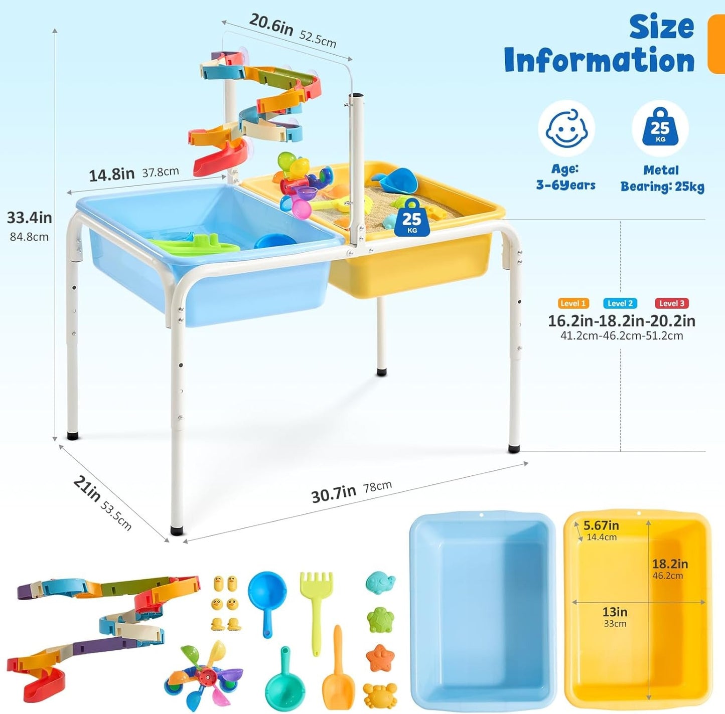 FUNLIO Toddler Water Table, Height Adjustable Sand and Water Table for Kids 3-6 Years, 4 in 1 Toddler Sensory Table with 2 Storage Bins, Acrylic Board & 16 Accessory Pieces